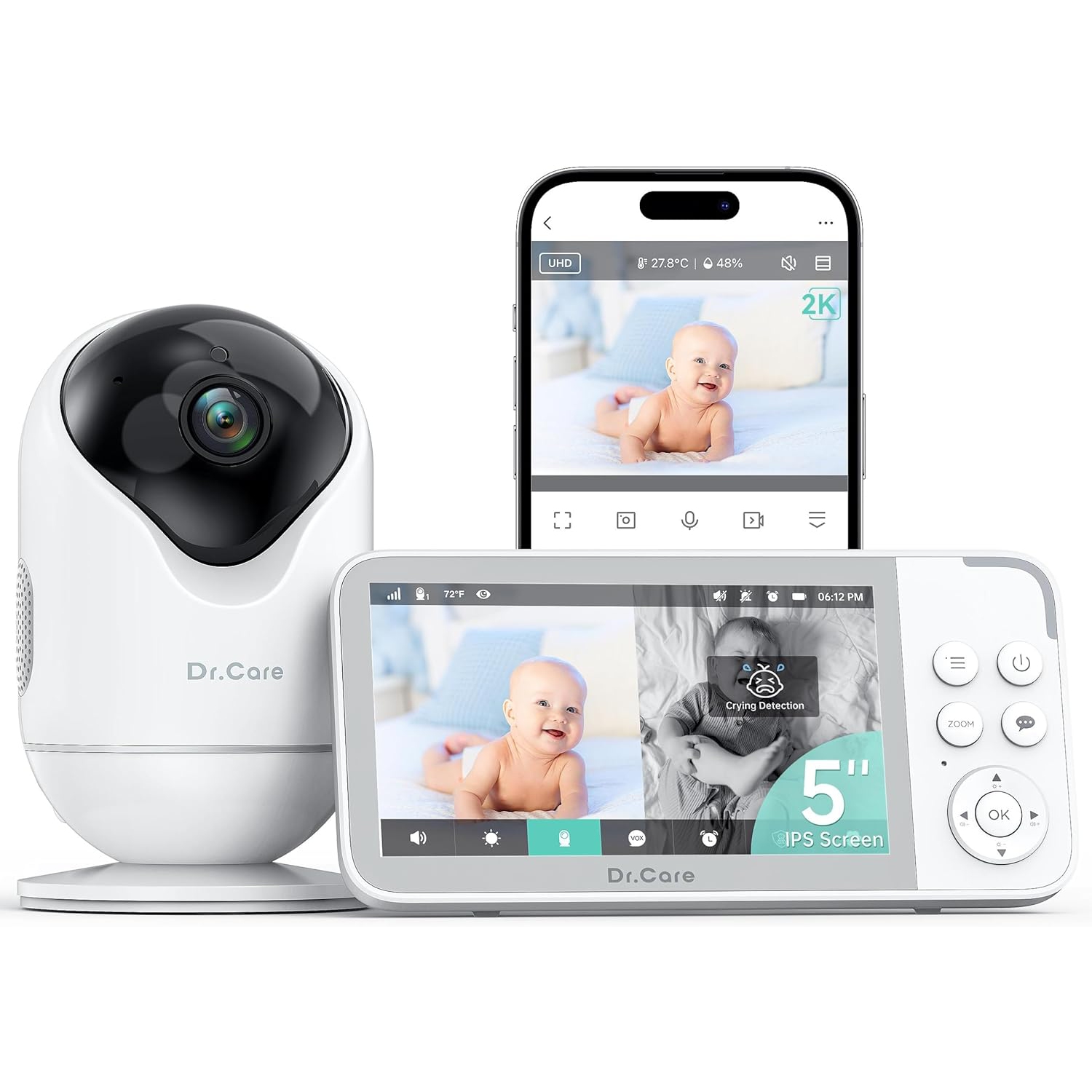 Interphone de surveillance intelligent Wi-Fi VistaView de Dr. Care – Écran divisé 1080p 5&nbsp;po, contrôle par application de caméra 2K, alertes de
