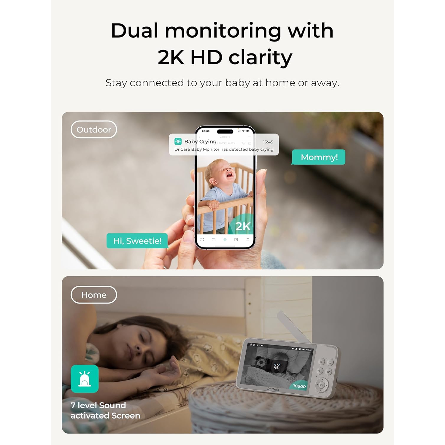 Interphone de surveillance intelligent Wi-Fi VistaView de Dr. Care – Écran divisé 1080p 5&nbsp;po, contrôle par application de caméra 2K, alertes de