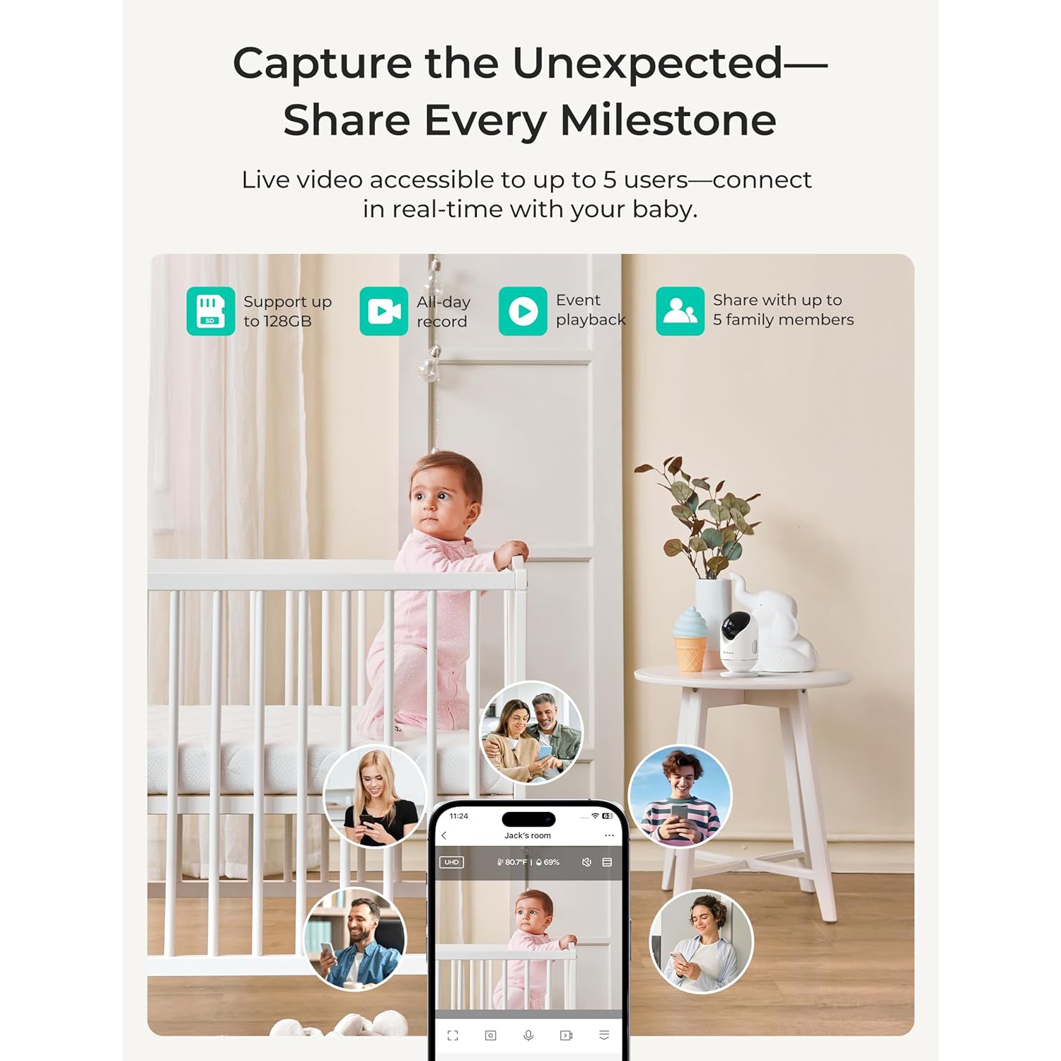 Interphone de surveillance intelligent Wi-Fi VistaView de Dr. Care – Écran divisé 1080p 5&nbsp;po, contrôle par application de caméra 2K, alertes de