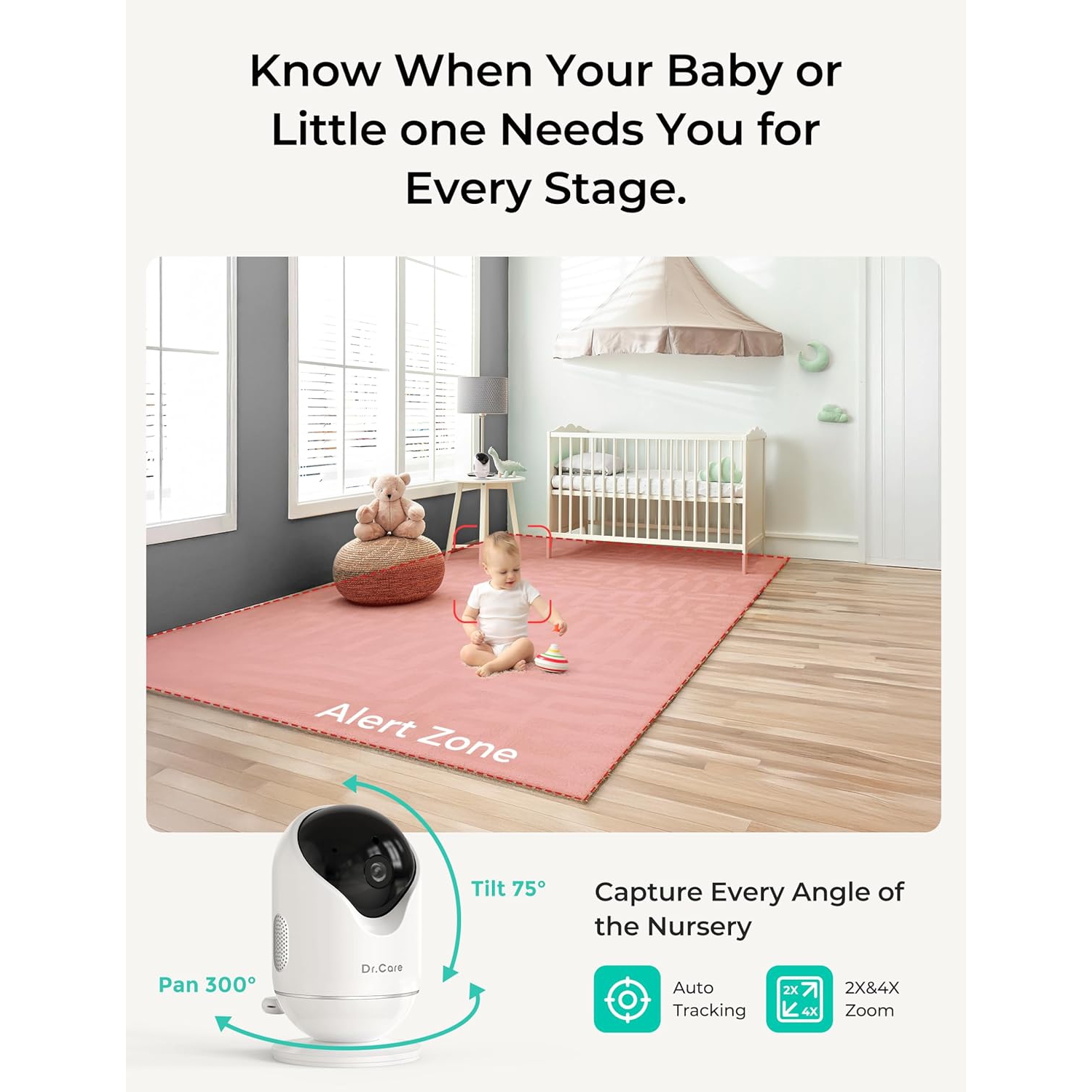 Interphone de surveillance intelligent Wi-Fi VistaView de Dr. Care – Écran divisé 1080p 5&nbsp;po, contrôle par application de caméra 2K, alertes de