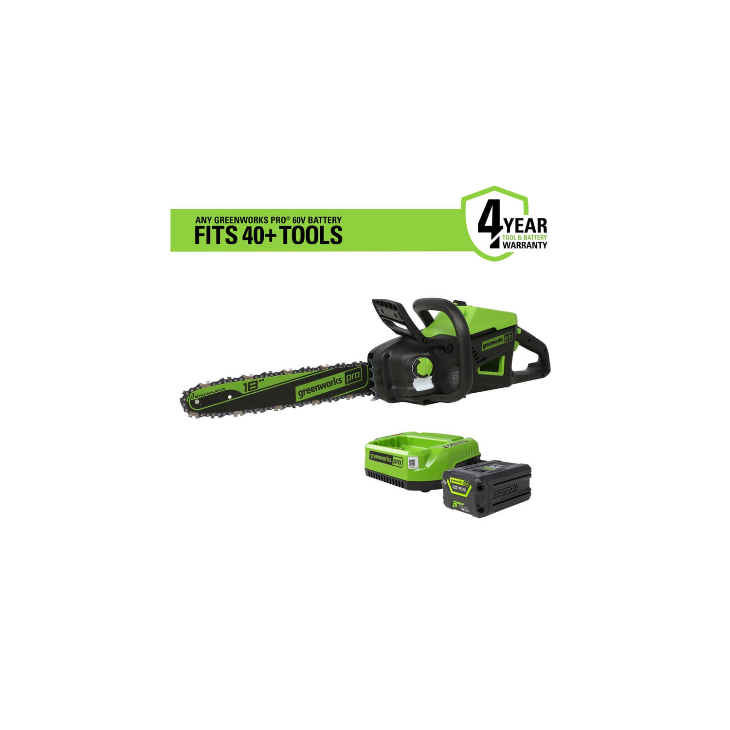 Scie à chaîne sans balais 60&nbsp;V de 18&nbsp;po de Greenworks, batterie 4,0&nbsp;Ah et chargeur inclus