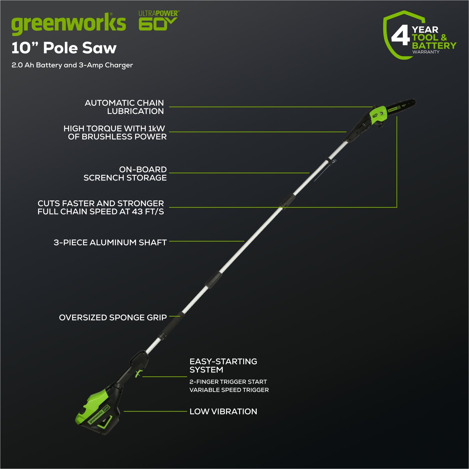 Greenworks 60V 10" Gen 2 Brushless Pole Saw, 2.0Ah Battery and Charger Included