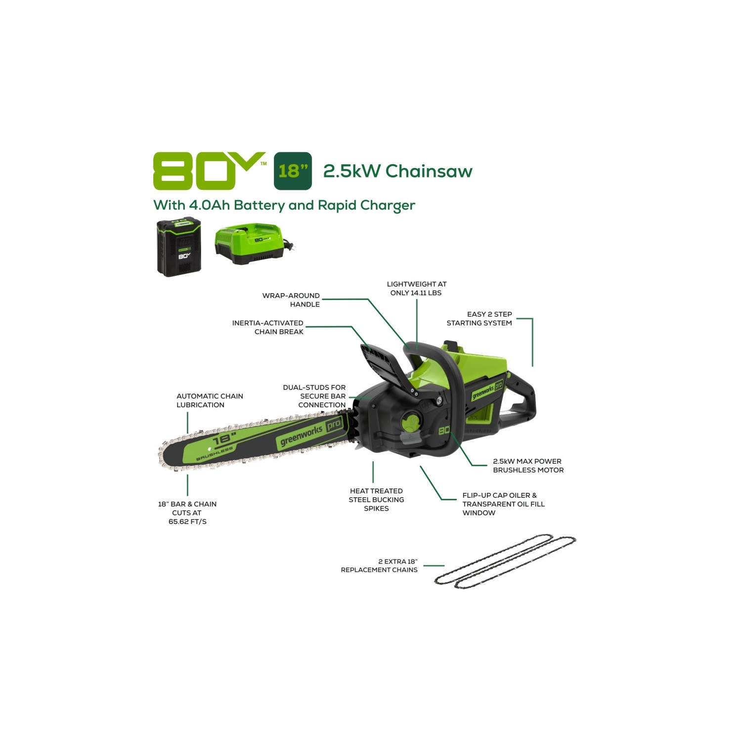 Scie à chaîne 80&nbsp;V de 18&nbsp;po de 2e génération de Greenworks, batterie 4,0&nbsp;Ah et chargeur rapide inclus