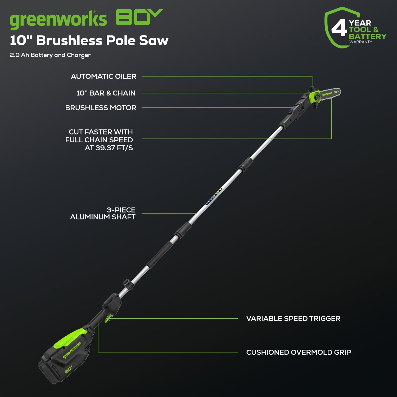 Perche scie sans balais 80 V de 10 po de Greenworks, batterie 2,0 Ah et chargeur inclus