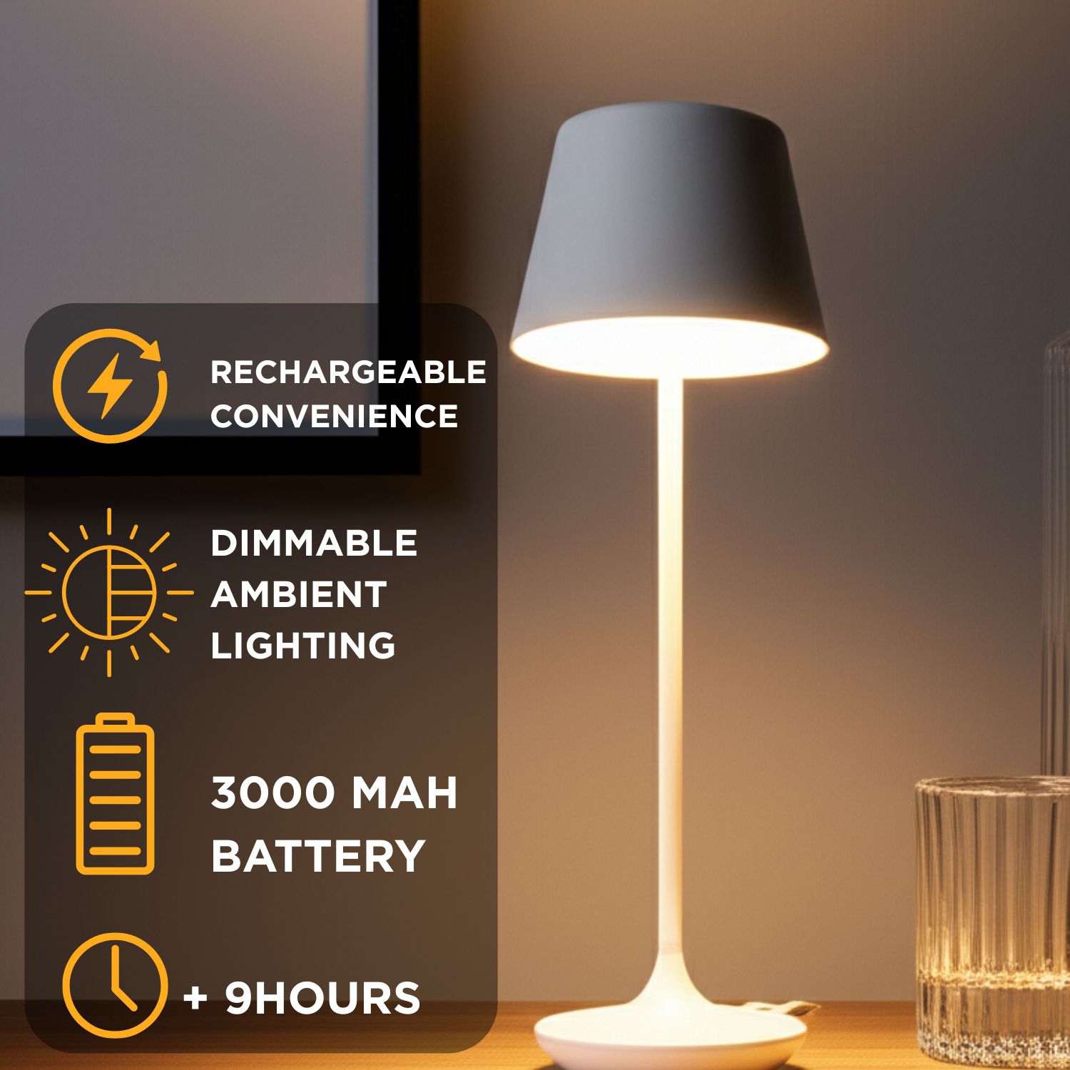 Abbott – Lampe de table en forme de cloche LED, lampe rechargeable à intensité réglable avec base de chargement, touche moderne élégante pour la