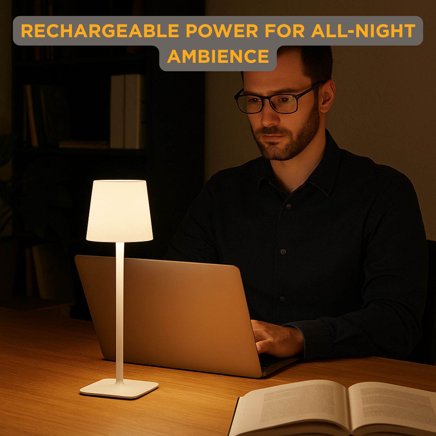 Abbott Square Shade LED Table Lamp, Rechargeable Cordless Light, Warm Glow Accent for Desk, Nightstand, or Living Room, 15", White