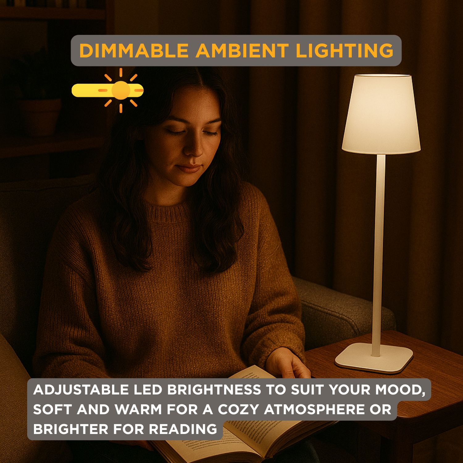 Abbott Square Shade LED Table Lamp, Rechargeable Cordless Light, Warm Glow Accent for Desk, Nightstand, or Living Room, 15", White