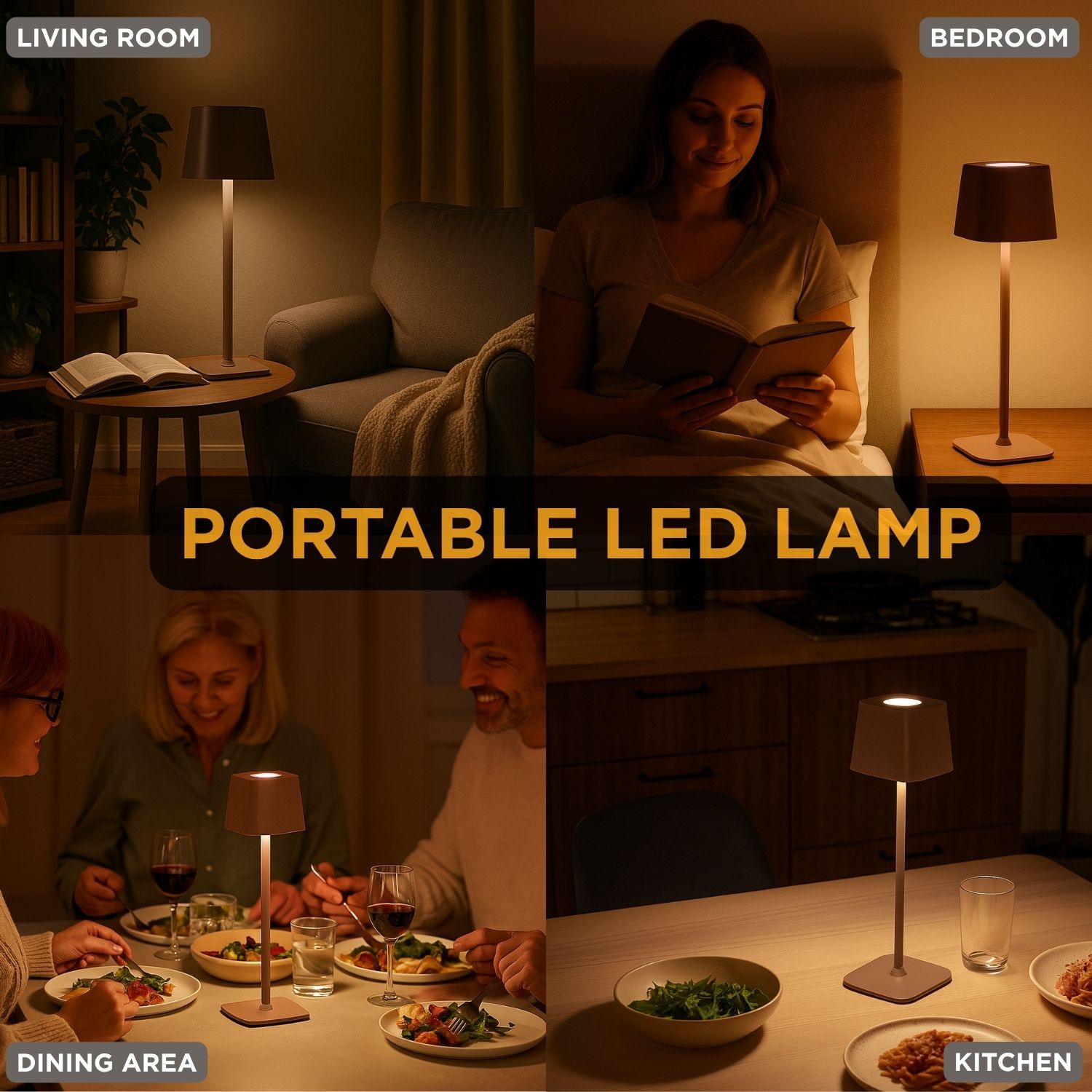 Abbott Square Shade LED Table Lamp, Rechargeable Cordless Light, Warm Glow Accent for Desk, Nightstand, or Living Room, 15", Brown