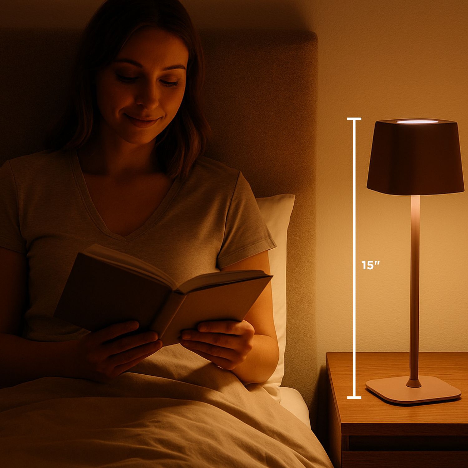 Abbott Square Shade LED Table Lamp, Rechargeable Cordless Light, Warm Glow Accent for Desk, Nightstand, or Living Room, 15", Brown