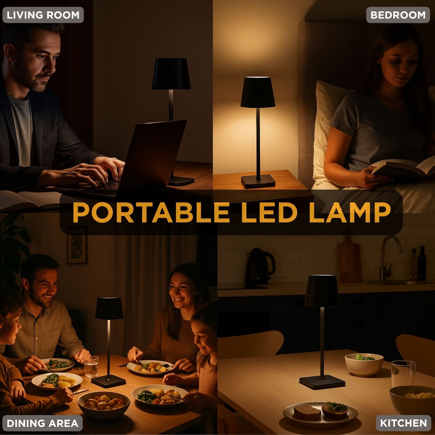 Abbott Square Shade LED Table Lamp, Rechargeable Cordless Light, Warm Glow Accent for Desk, Nightstand, or Living Room, 15", Matte Black