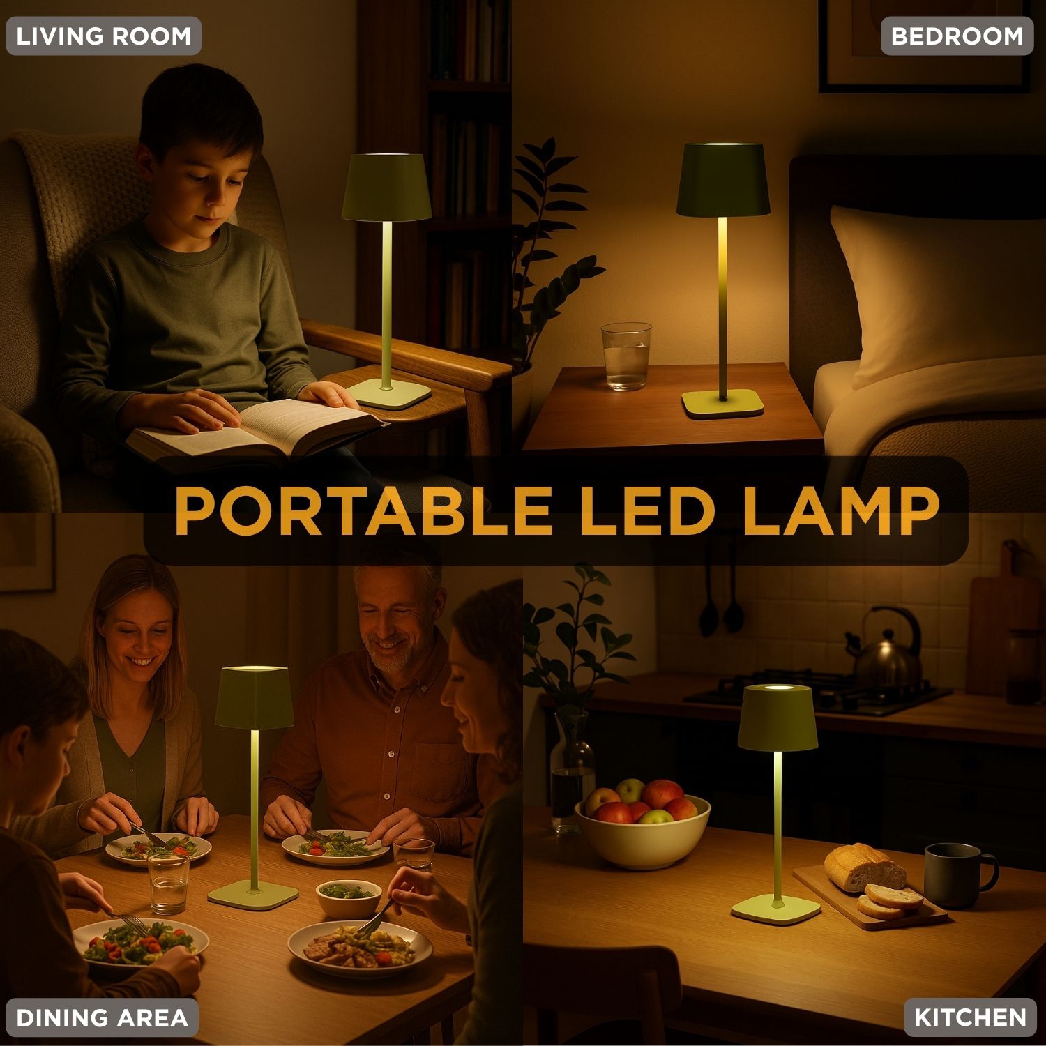 Abbott Square Shade LED Table Lamp, Rechargeable Cordless Light, Warm Glow Accent for Desk, Nightstand, or Living Room, 15", Spring Green