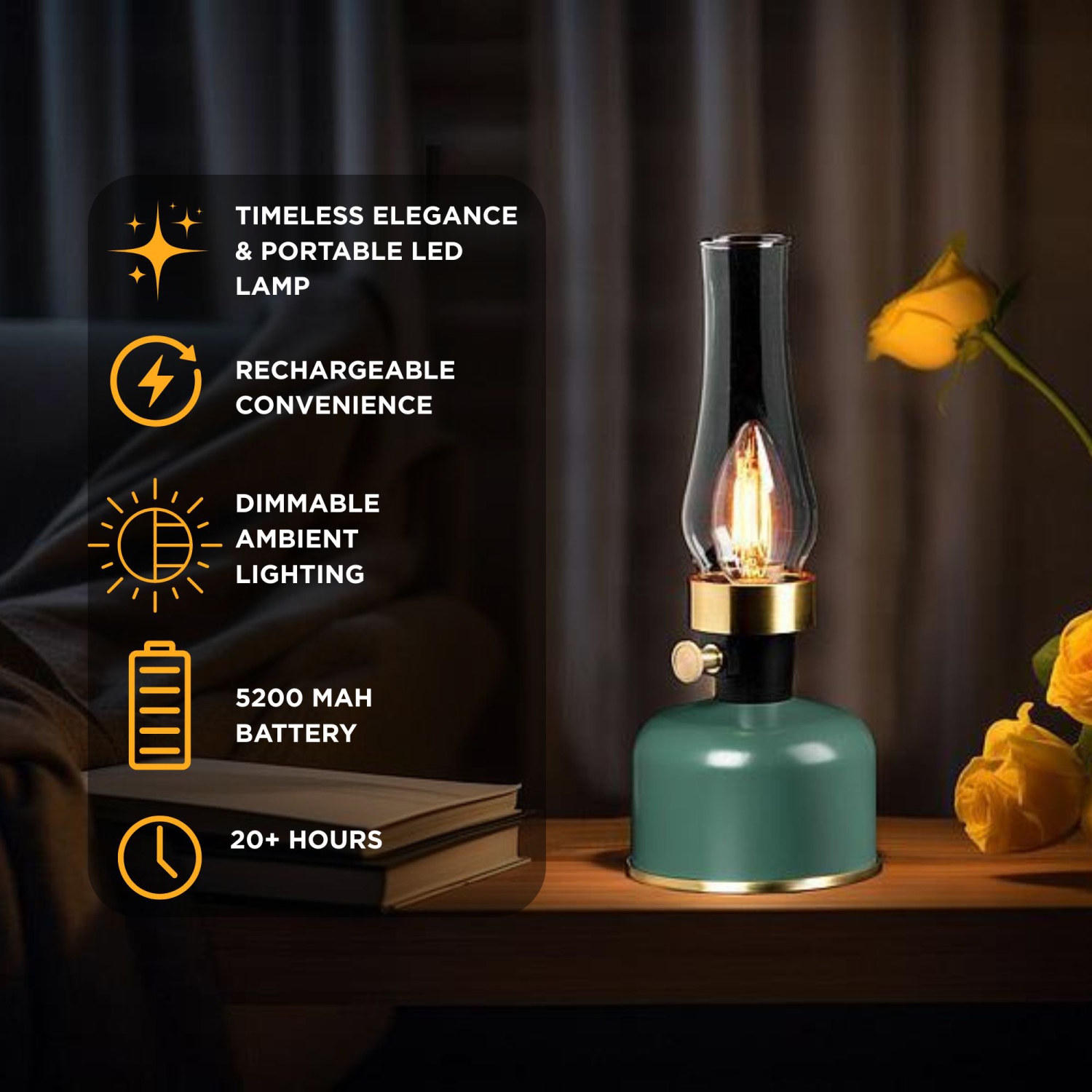 Abbott Lantern LED Table Lamp with Chimney, Rechargeable with USB Powered, Dimmable Lamp with Edison-Style Bulb, Indoor/Outdoor Vintage Accent Light