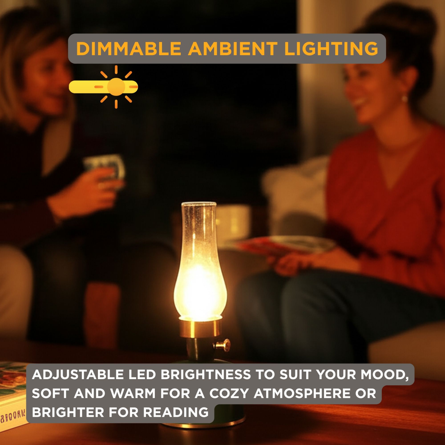 Abbott Lantern LED Table Lamp with Chimney, Rechargeable with USB Powered, Dimmable Lamp with Edison-Style Bulb, Indoor/Outdoor Vintage Accent Light