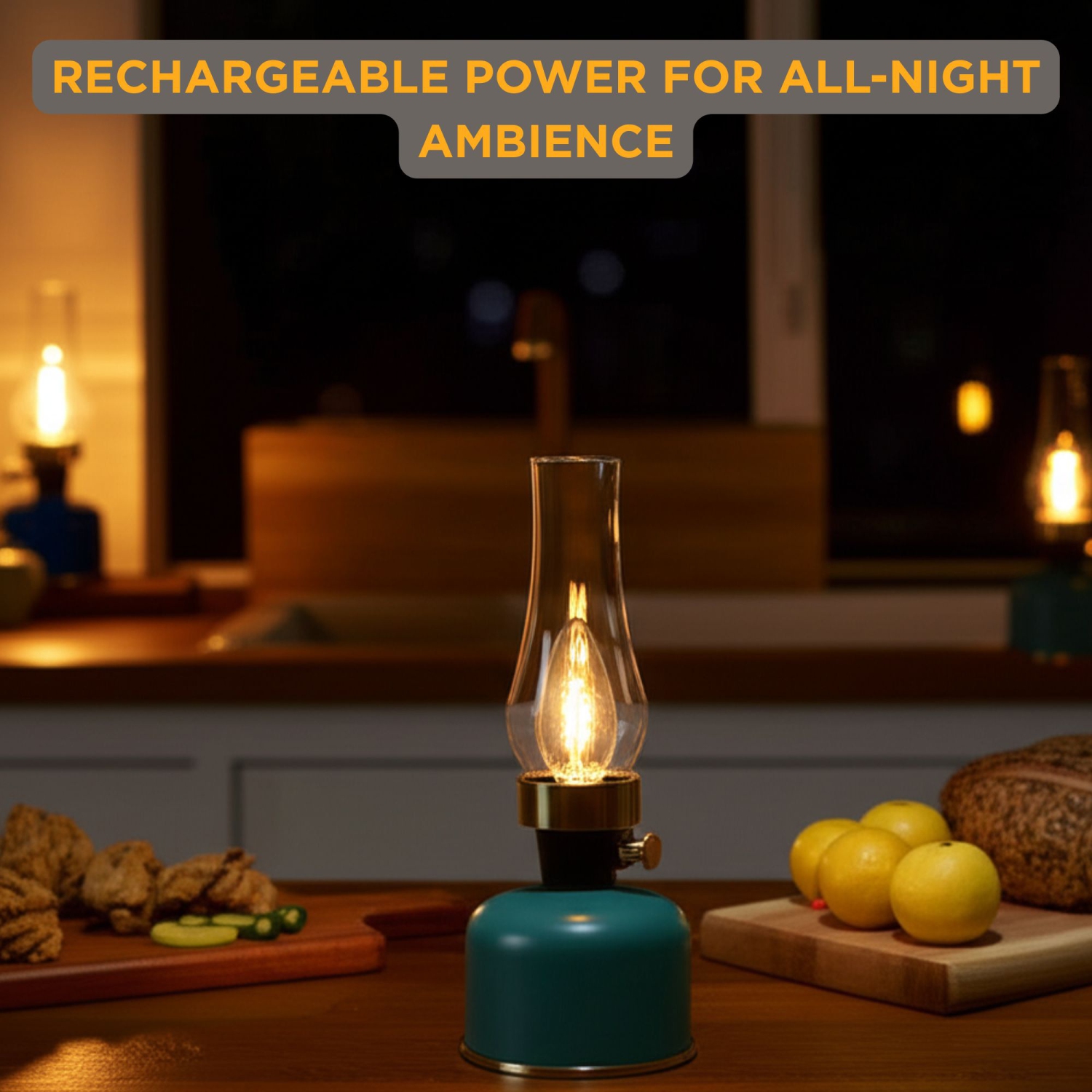 Abbott Lantern LED Table Lamp with Chimney, Rechargeable with USB Powered, Dimmable Lamp with Edison-Style Bulb, Indoor/Outdoor Vintage Accent Light