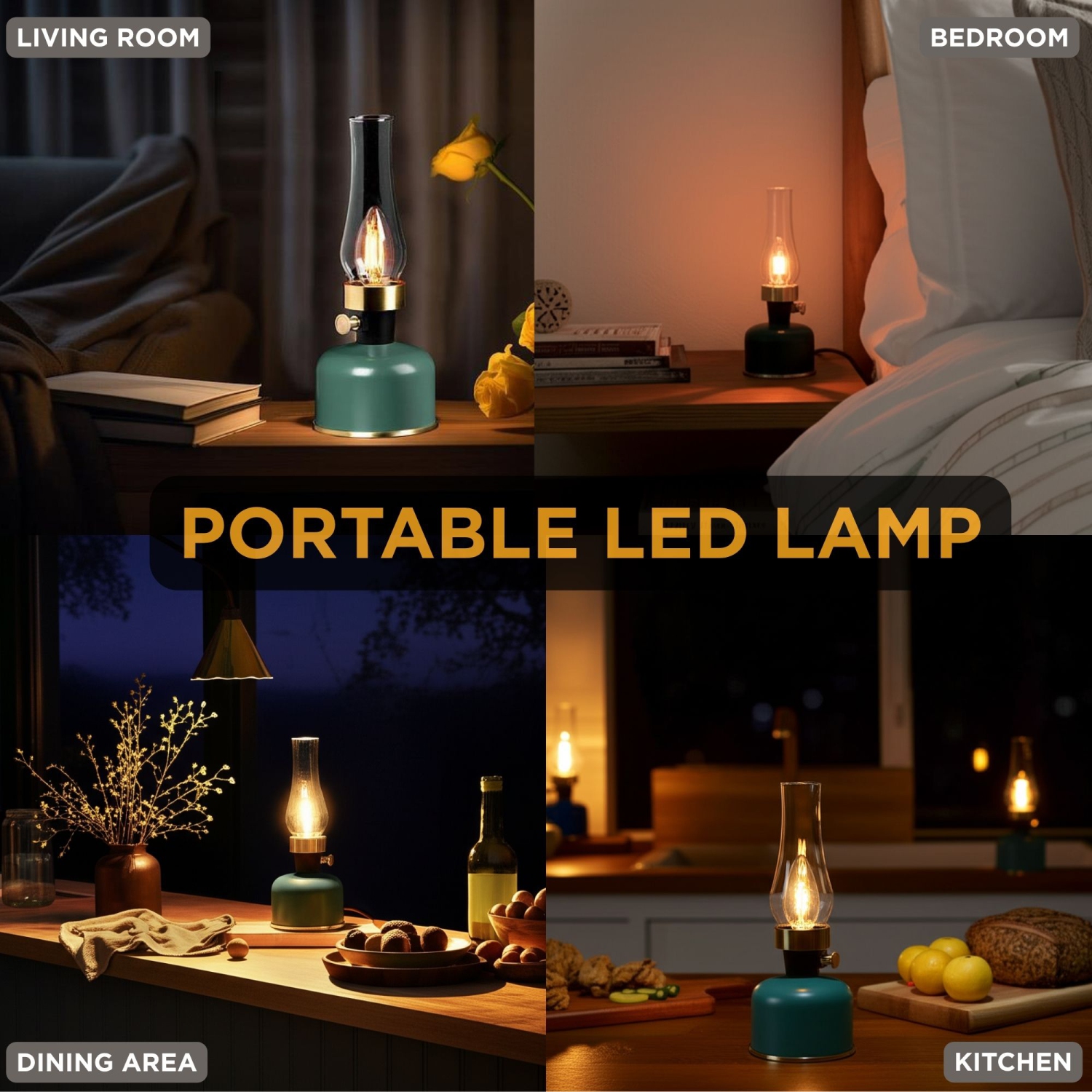 Abbott Lantern LED Table Lamp with Chimney, Rechargeable with USB Powered, Dimmable Lamp with Edison-Style Bulb, Indoor/Outdoor Vintage Accent Light