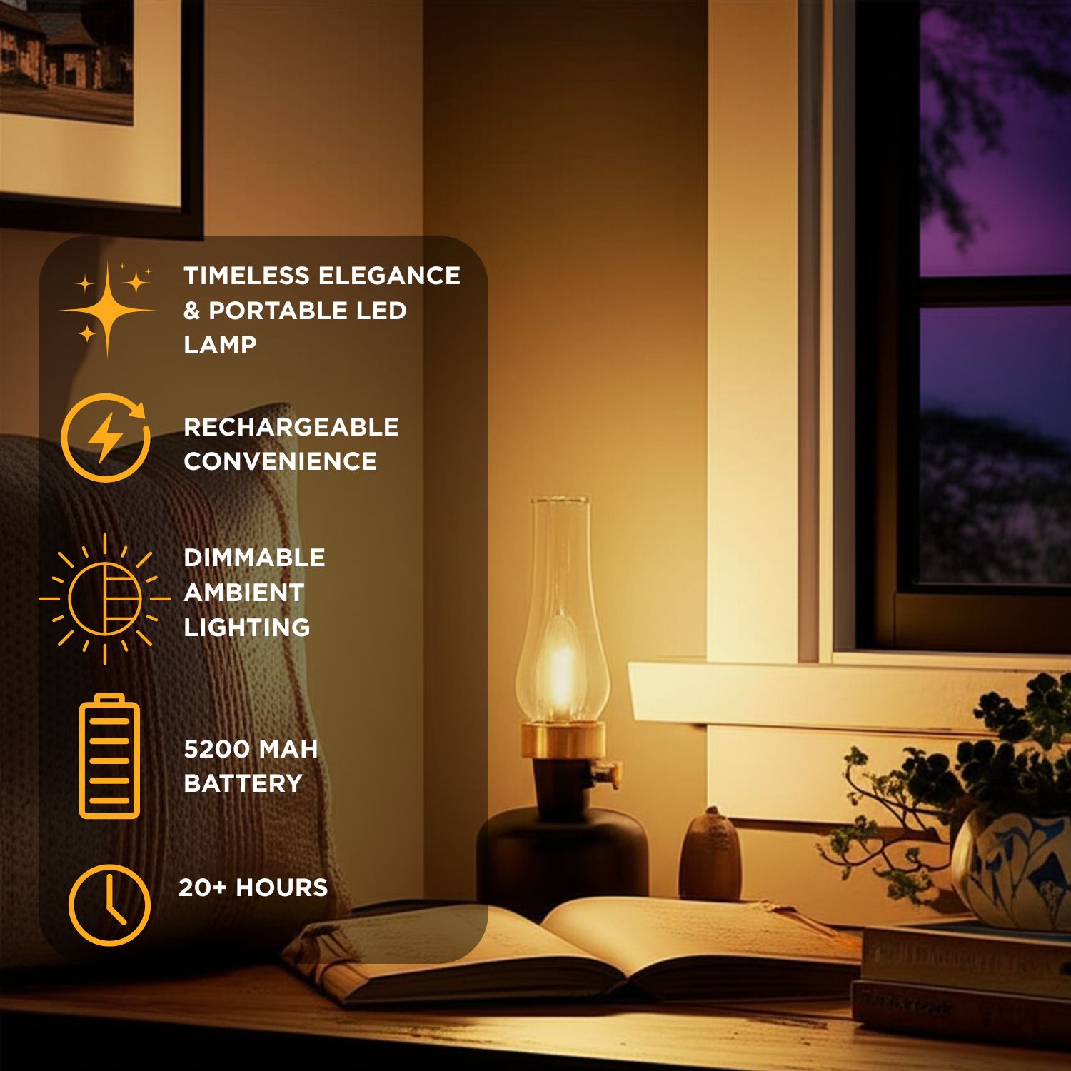 Lampe de table Abbott LED avec cheminée, rechargeable par USB, lampe à intensité réglable avec ampoule de style Edison, lampe d'appoint rétro