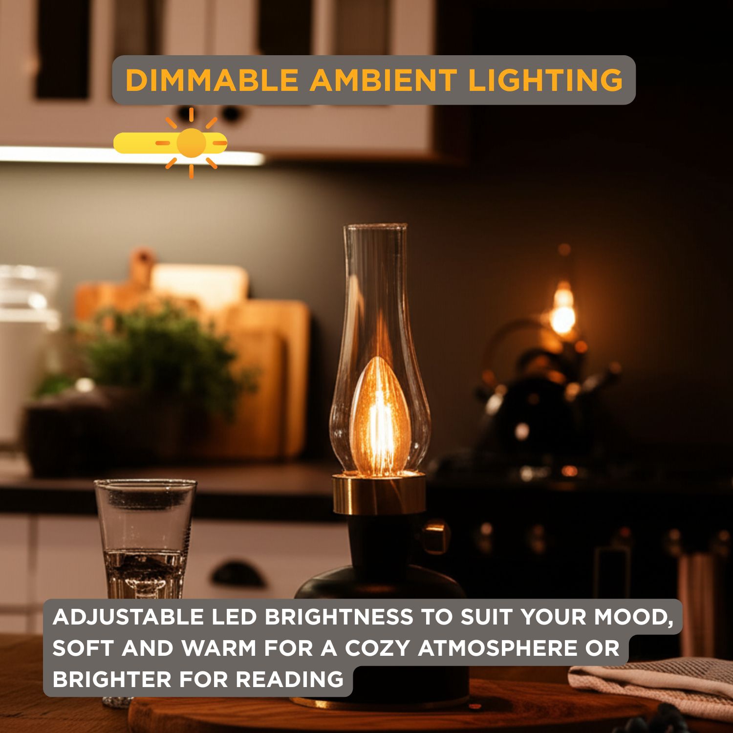 Lampe de table Abbott LED avec cheminée, rechargeable par USB, lampe à intensité réglable avec ampoule de style Edison, lampe d'appoint rétro