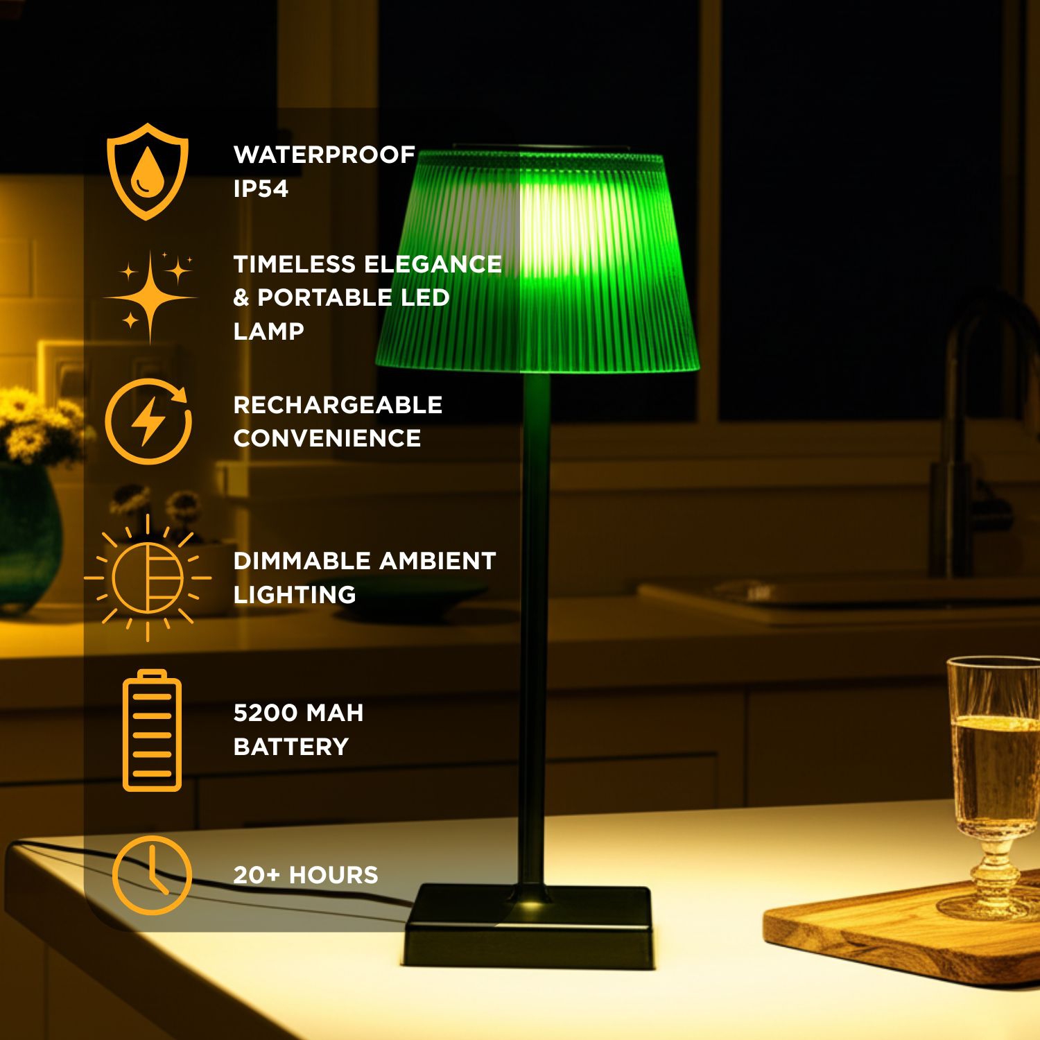 Abbott Fluted Shade LED Table Lamp, Rechargeable IP54 Waterproof Light, Modern Accent Lighting for Patio, Garden Outdoor or Indoors 15 Green