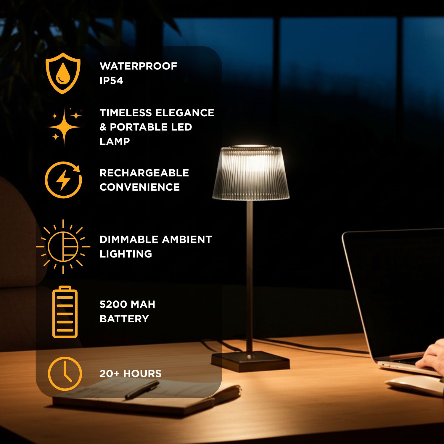 Abbott Fluted Shade LED Table Lamp, Rechargeable IP54 Waterproof Light, Modern Accent Lighting for Patio, Garden Outdoor or Indoors 15, Smoke