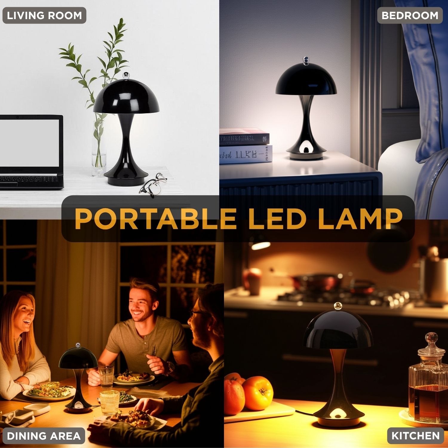 Abbott Trilite Dome Shade LED Lamp, Modern Rechargeable Table Lamp with USB Powered, Mushroom Design for Bedroom, Living Room, or Reading Nook, 10",