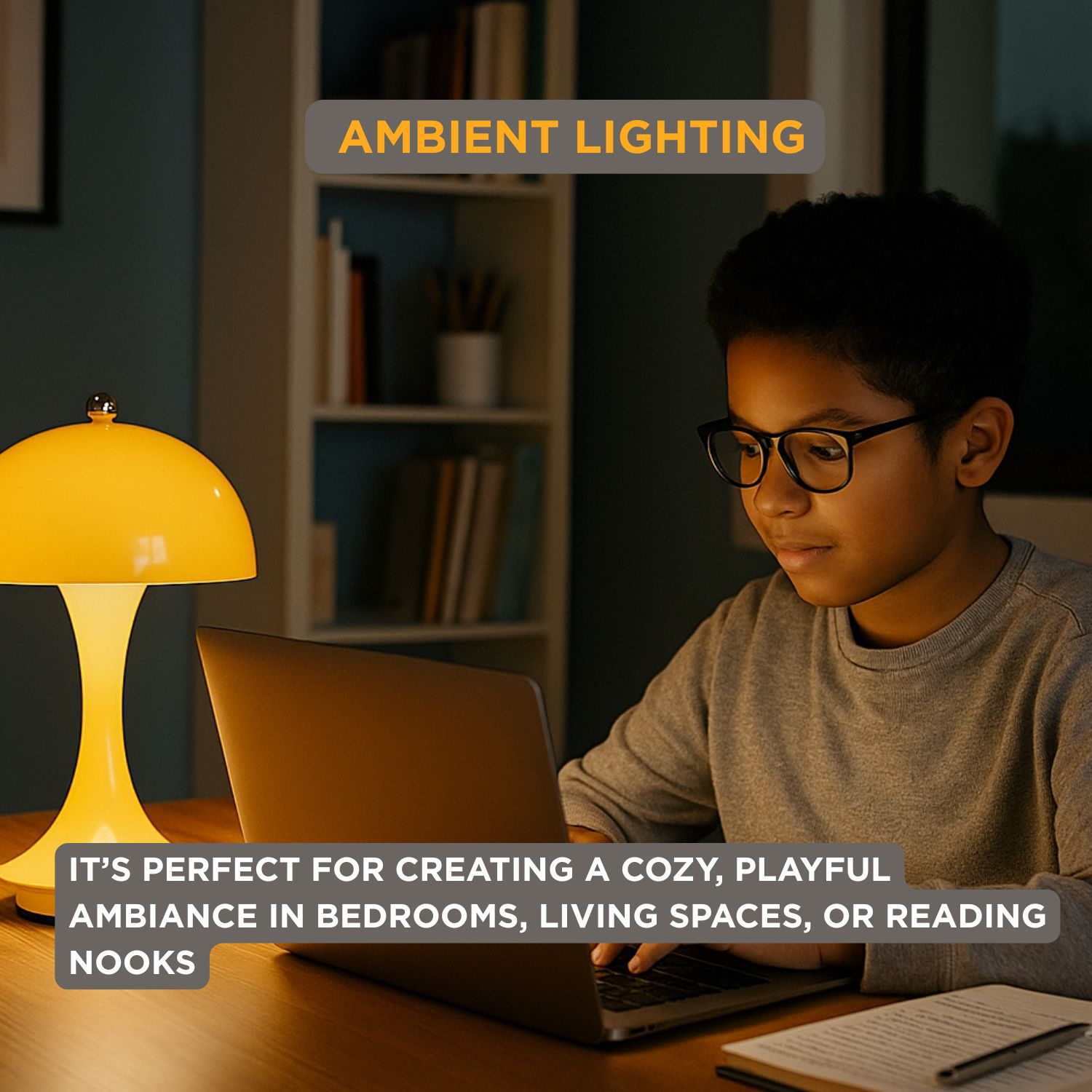 LED Abbott Trilite, lampe de table moderne rechargeable alimentée par USB, champignon pour chambre, salon ou coin lecture, 10&nbsp;po, jaune brillant