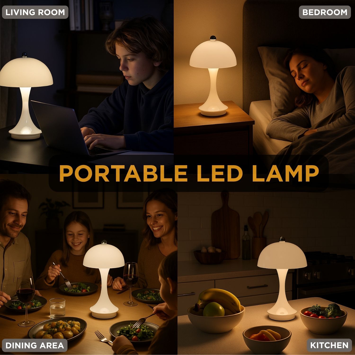 LED Abbott Trilite, lampe de table moderne rechargeable alimentée par USB, champignon pour chambre, salon ou coin lecture, 10 po, blanc brillant