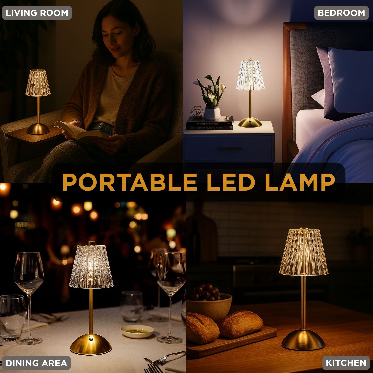 Abbott Trilite Crystal Shade LED Table Lamp, Cordless Rechargeable Light, Modern Decorative Accent for Bedroom or Living Room, 12", Clear/Gold