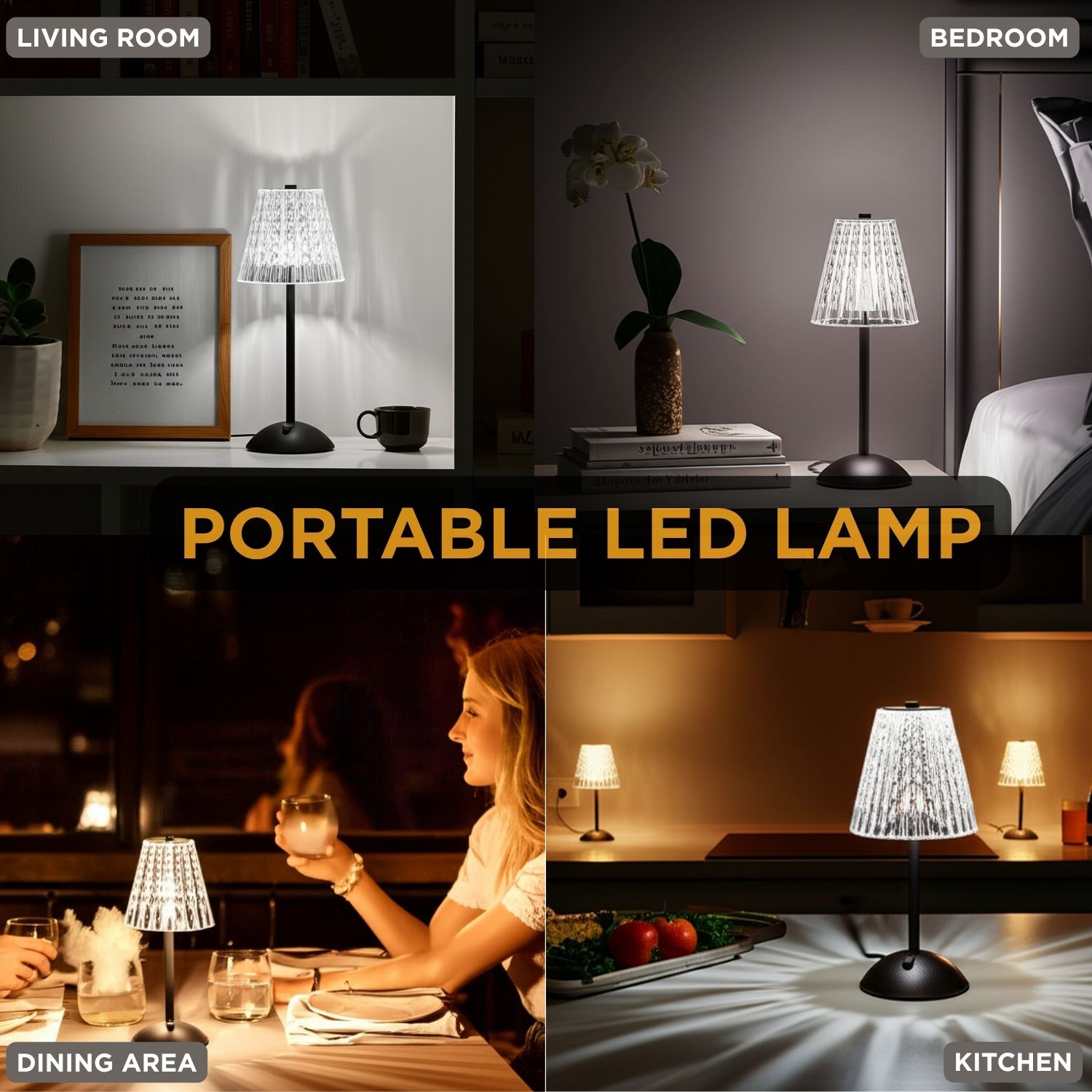 Abbott Trilite Crystal Shade LED Table Lamp, Cordless Rechargeable Light, Modern Decorative Accent for Bedroom or Living Room, 12", Clear/Black