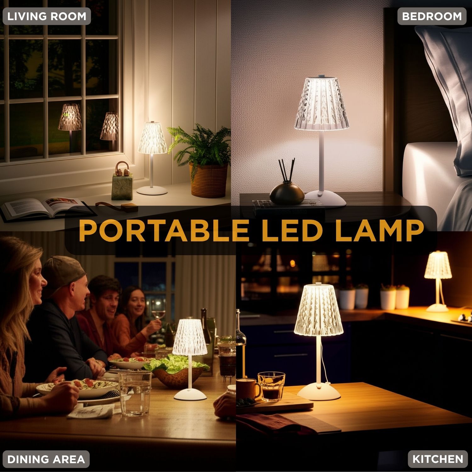 Abbott Trilite Crystal Shade LED Table Lamp, Cordless Rechargeable Light, Modern Decorative Accent for Bedroom or Living Room, 12", Clear/White