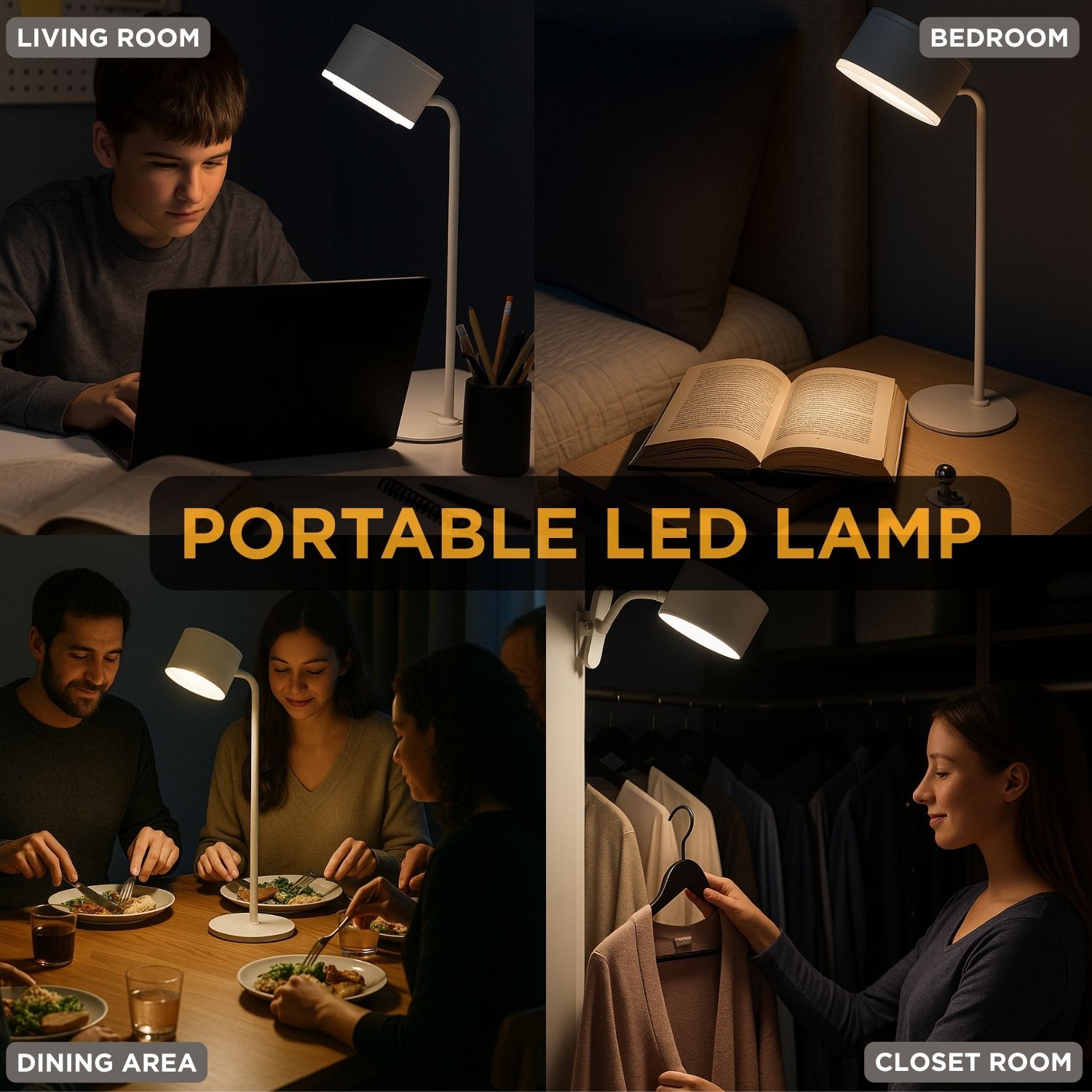 Lampe LED à aimant en forme de tambour Abbott, 4 pièces, lampe rechargeable avec base magnétique – Solution d'éclairage à coller, à pince ou de table