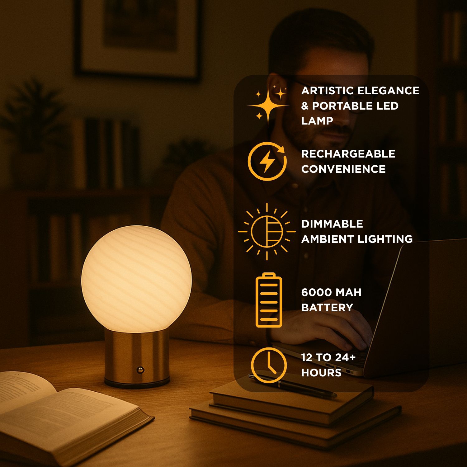 Abbott |Lampe LED en forme de boule de verre à tourbillon, 6,5 haut. – Blanc