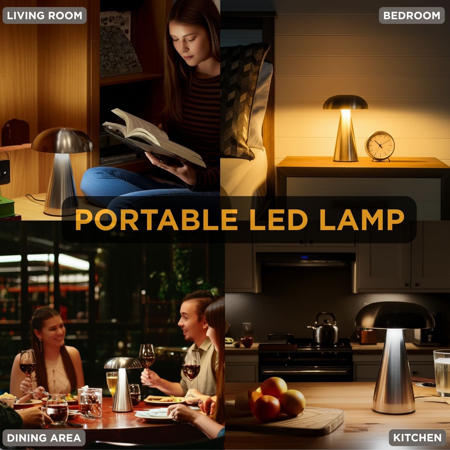 Abbott Trilite Metallic Mushroom LED Table Lamp, Rechargeable Touch Light, Dimmable with USB Charging, Modern Accent for Desk or Nightstand, 8",