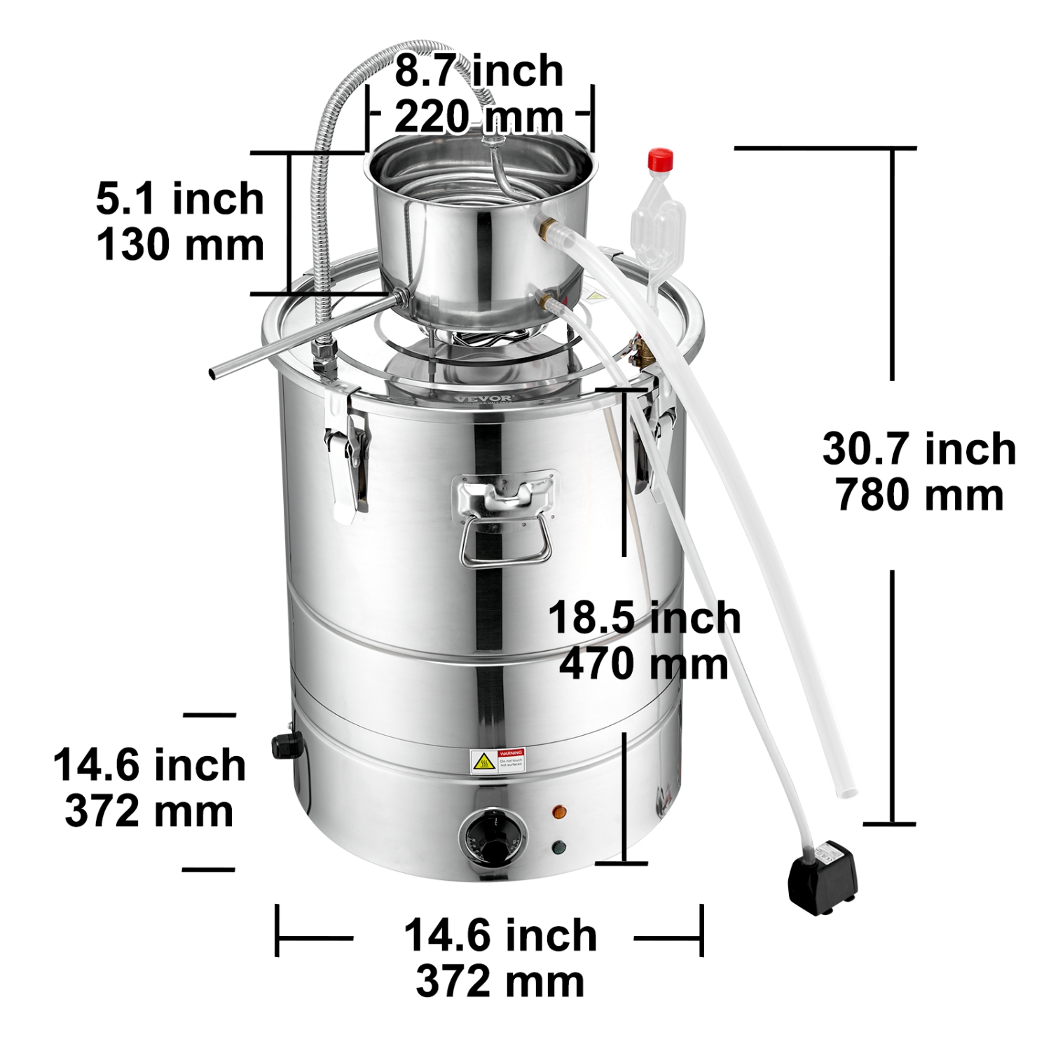 VEVOR 9 Gal 30L Water Alcohol Distiller,Home Distillery Kit include Stainless Steel Tube & Pump & One-way Exhaust Valve & Thermometer for DIY Whisky