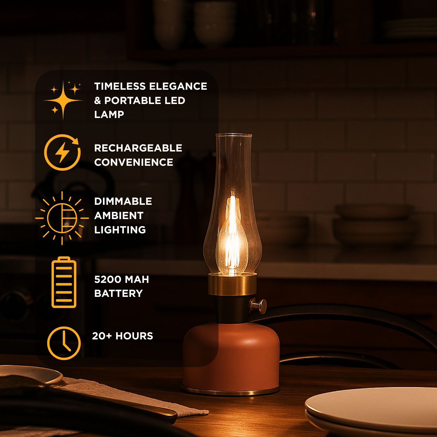 Lampe de table Abbott LED avec cheminée, rechargeable par USB, lampe à intensité réglable avec ampoule de style Edison, lampe d'appoint rétro