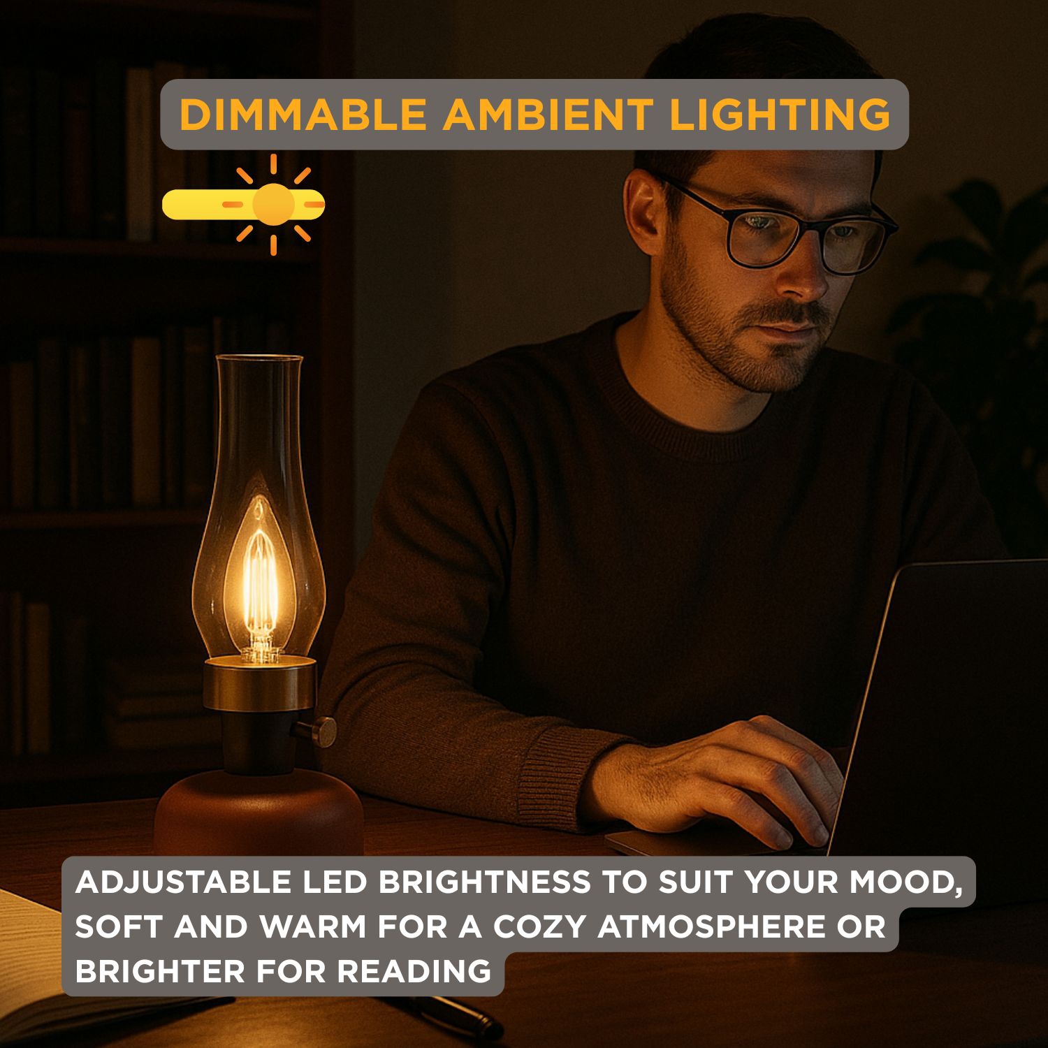 Lampe de table Abbott LED avec cheminée, rechargeable par USB, lampe à intensité réglable avec ampoule de style Edison, lampe d'appoint rétro