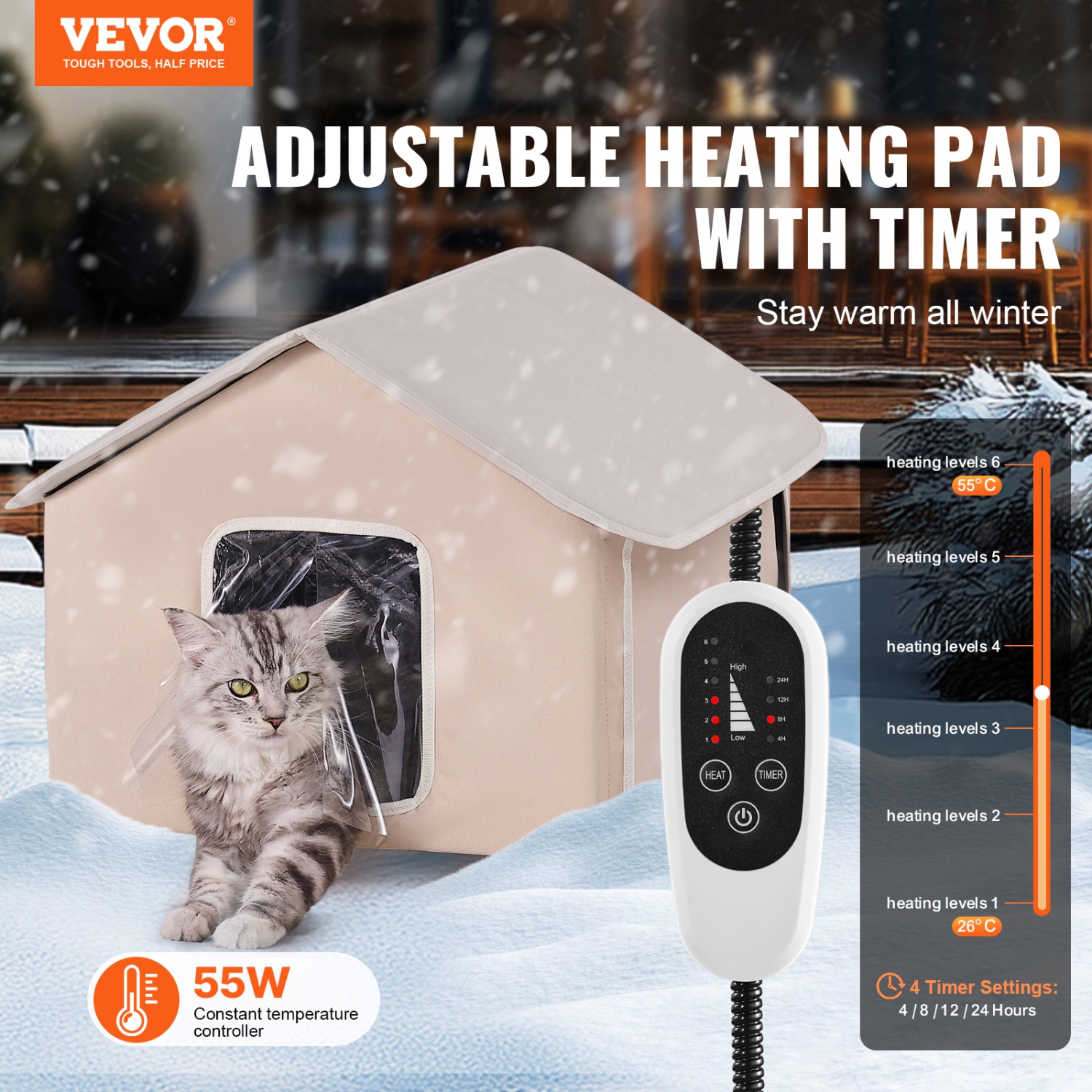 VEVOR 600D Elevated Heated Cat House, Outdoor Kitty Shelter with Timer, Oxford Cloth Foldable Cat Shelter with Heated Pad for Winter to Stay Warm and