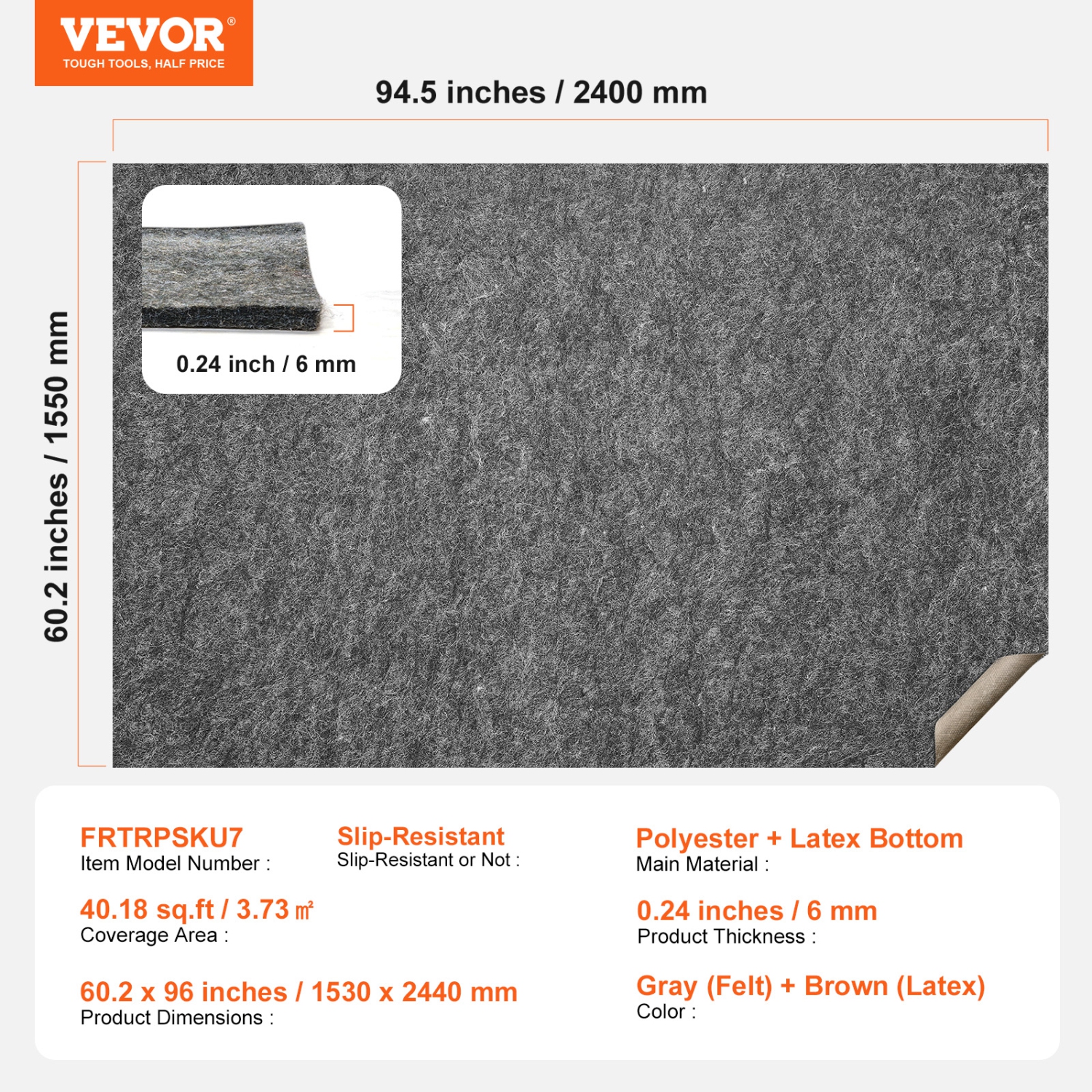 VEVOR 5' x 8' Slip-Resistant Rug Pad, Protective Cushioning Carpet Pad, 1/4"Thick, Dual Surface - Polyester Felt + Latex, Gray, 3-4㎡ Area Carpet