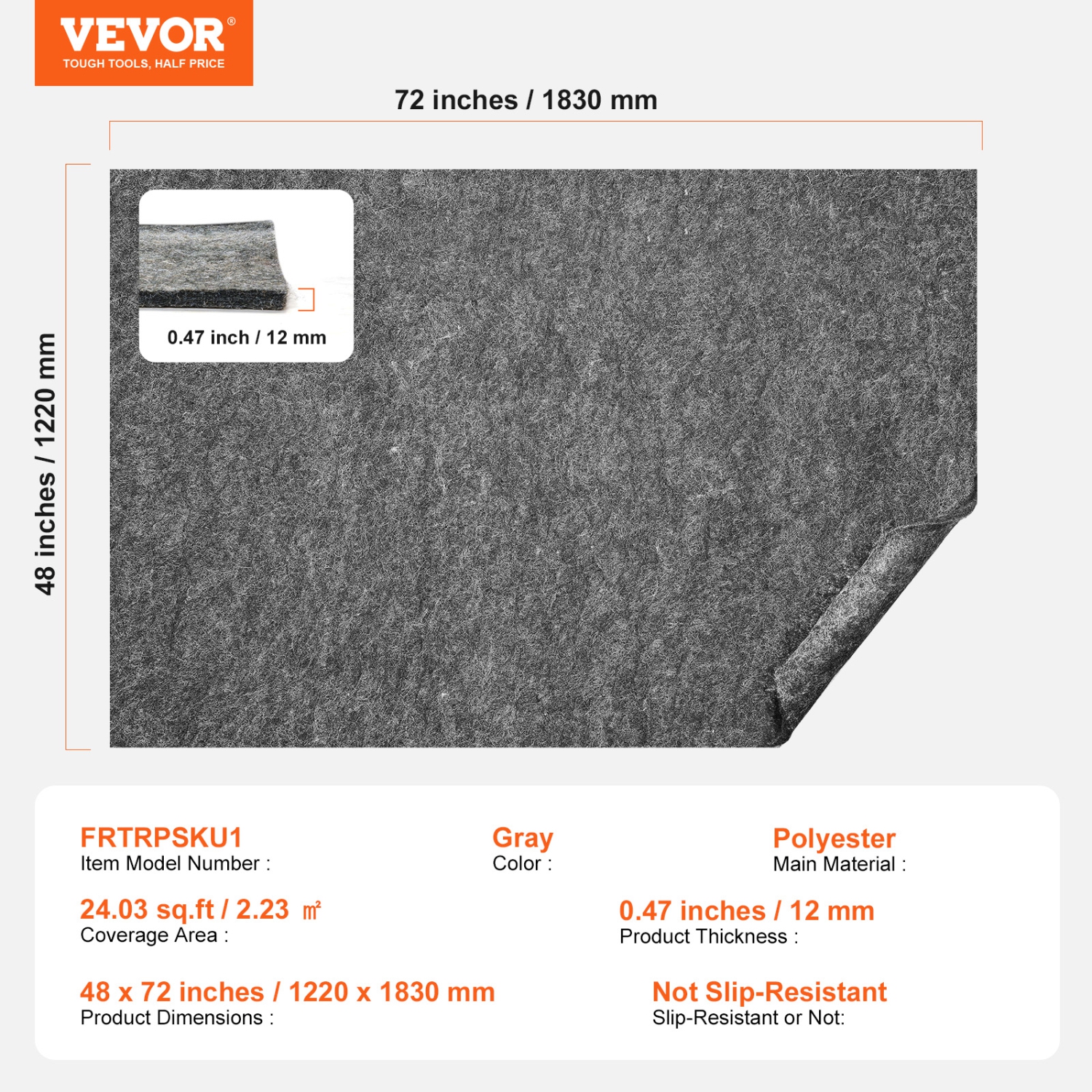 VEVOR 2'x8' Protective Cushioning Carpet Pad, 7.875' Actual, 1/4"Thick, Dual Surface, Polyester Felt + Latex, 1-2㎡ Area Carpet Padding Rug Cushion