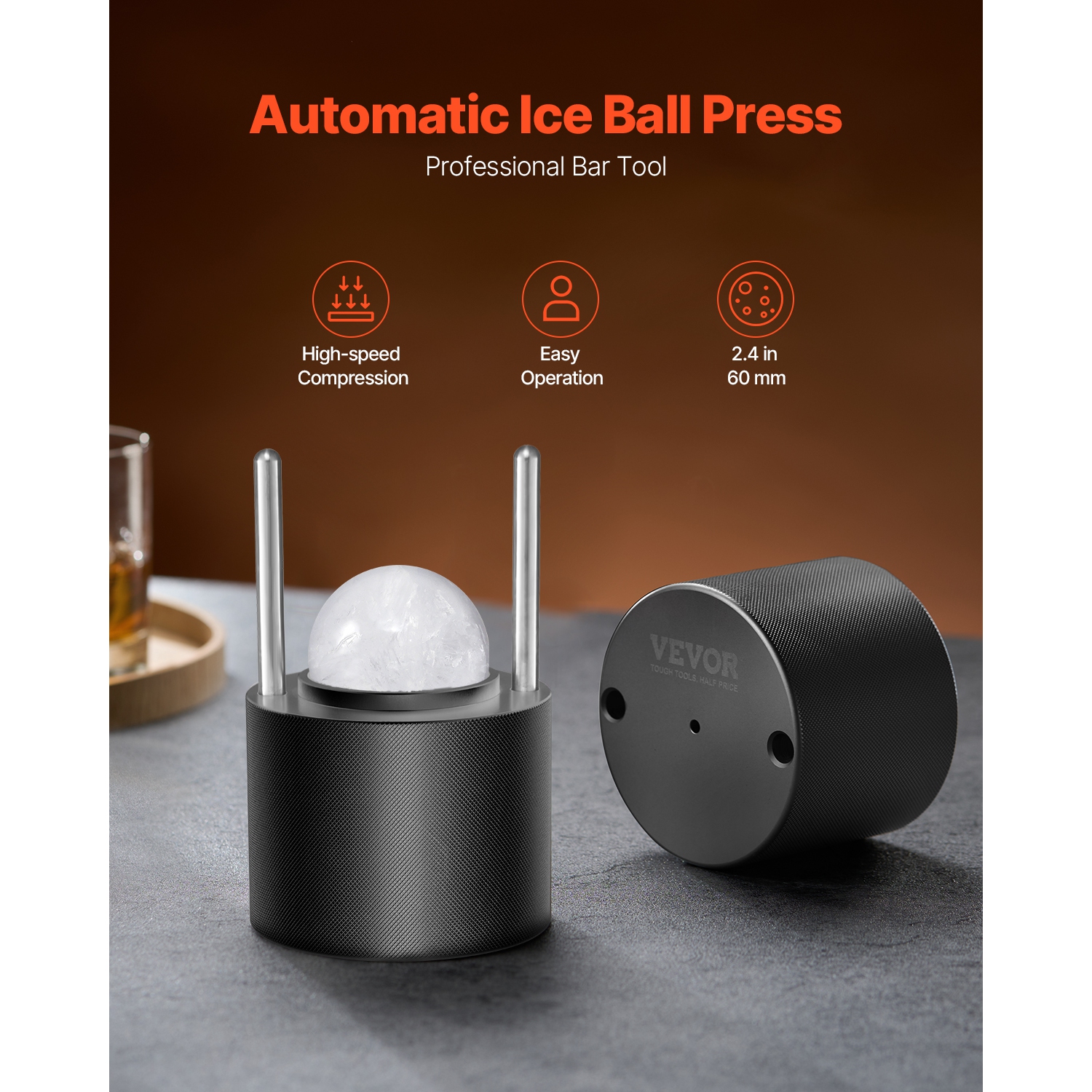 VEVOR 2.4"/60 mm Aviation Aluminum Ice Ball Press with Ice Block Mold, Large Mat,Tong,Drip Tray,One Glass,Round Ice Ball Maker Ice Sphere, for