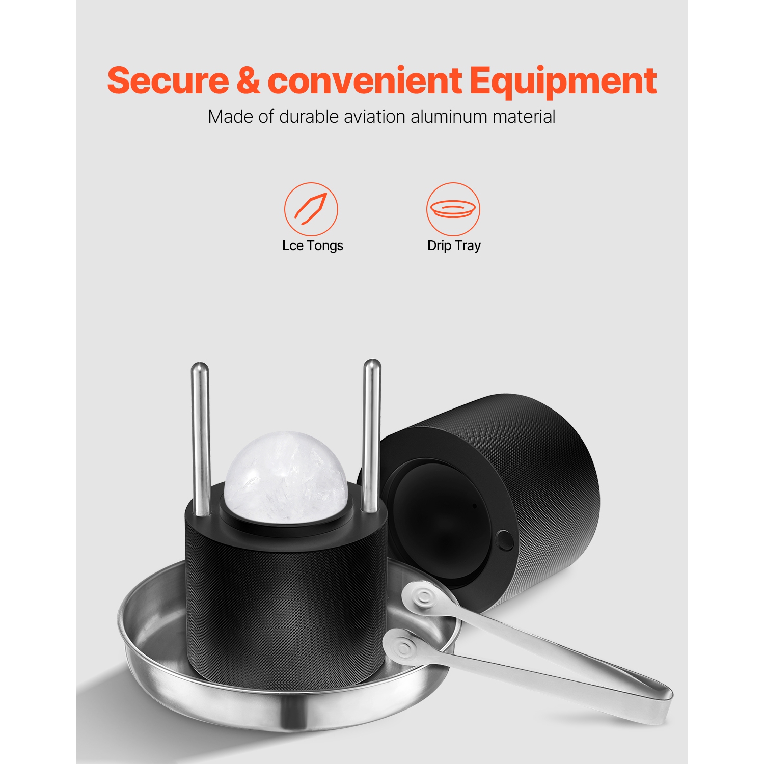 VEVOR 2.4"/60 mm Aviation Aluminum Ice Ball Press with Ice Block Mold, Large Mat,Tong,Drip Tray,One Glass,Round Ice Ball Maker Ice Sphere, for