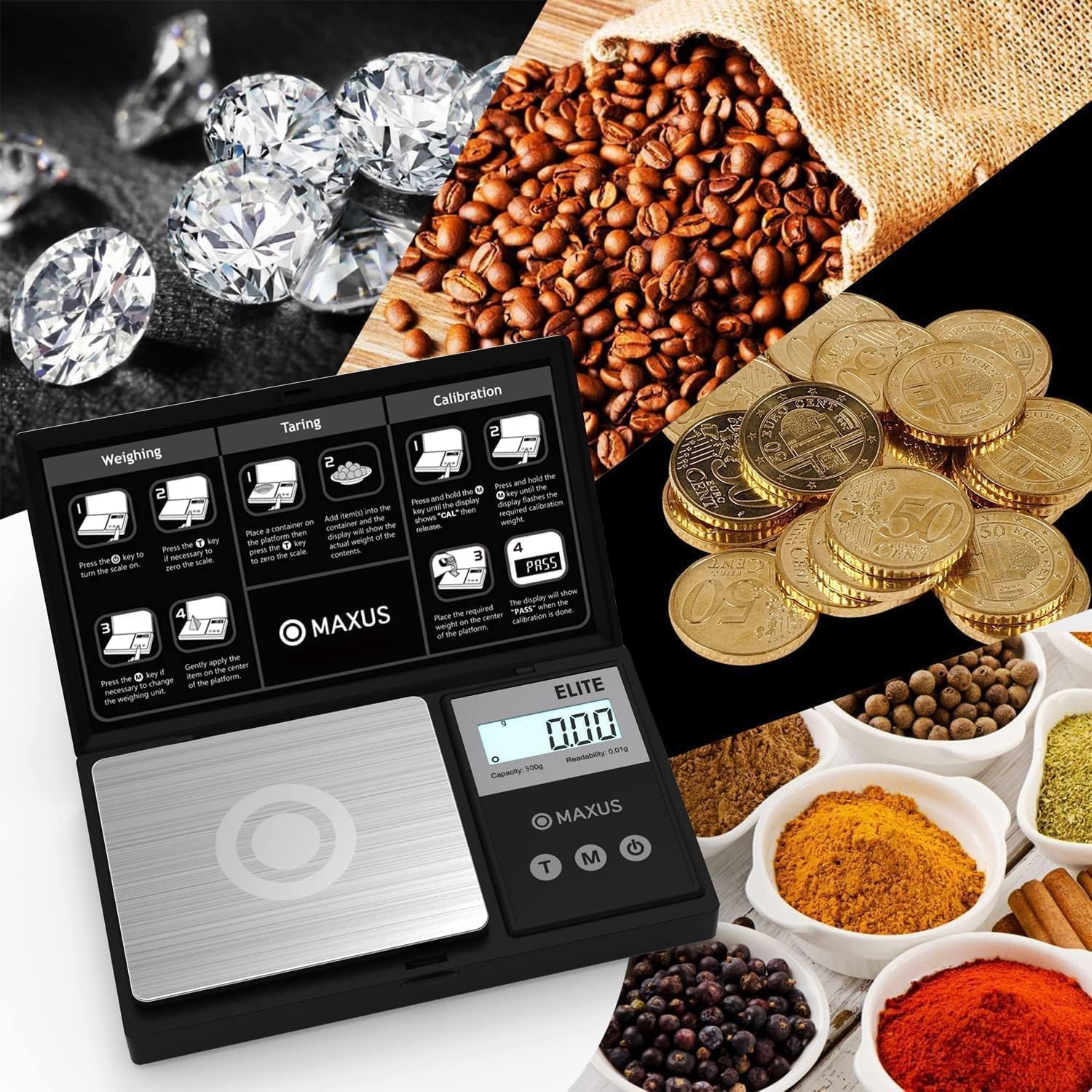 MAXUS Precision Pocket Scale - 500g x 0.01g Digital Gram Scale with Tray, Backlit LCD, Tare Function, for Jewelry, Food, and Coins