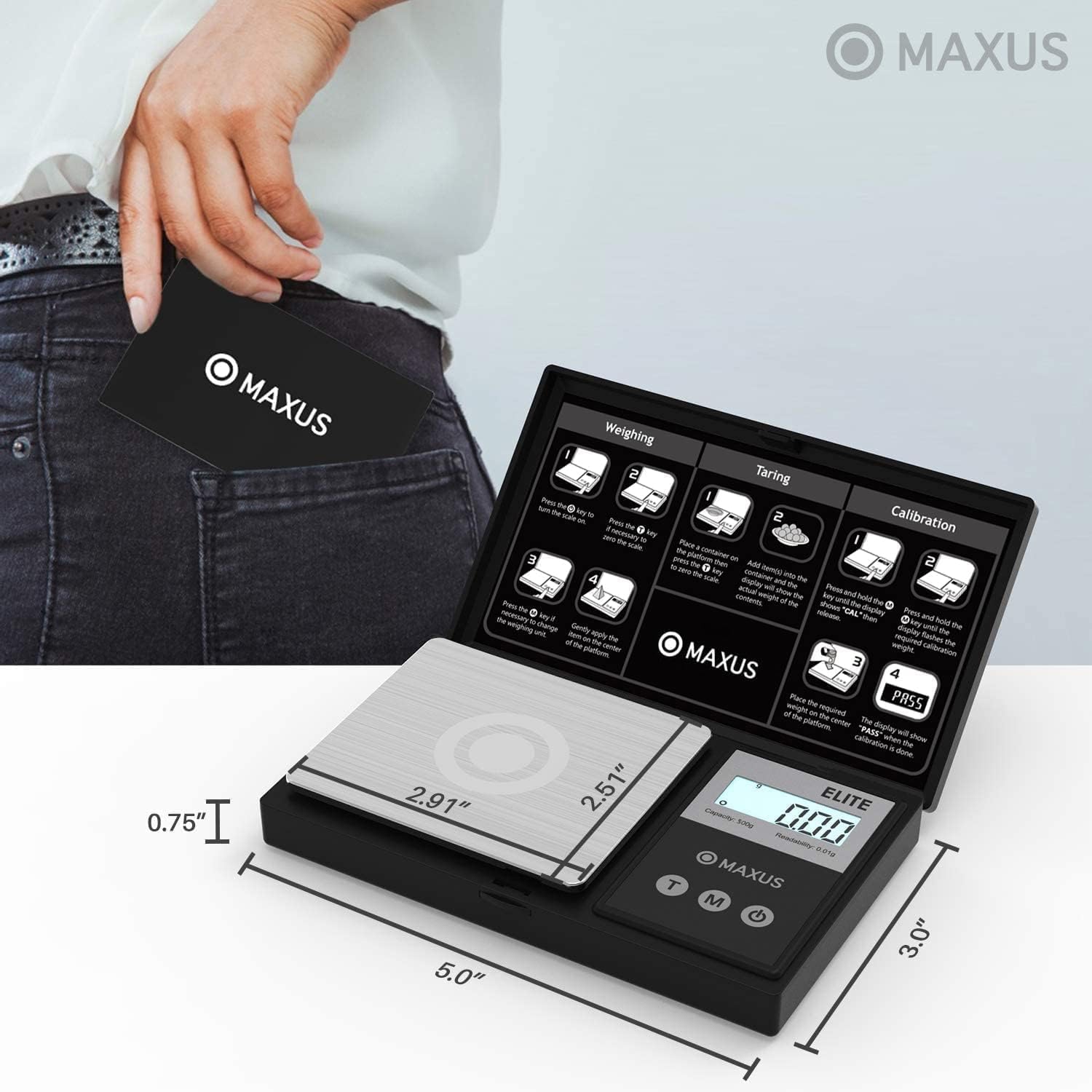 MAXUS Precision Pocket Scale - 500g x 0.01g Digital Gram Scale with Tray, Backlit LCD, Tare Function, for Jewelry, Food, and Coins