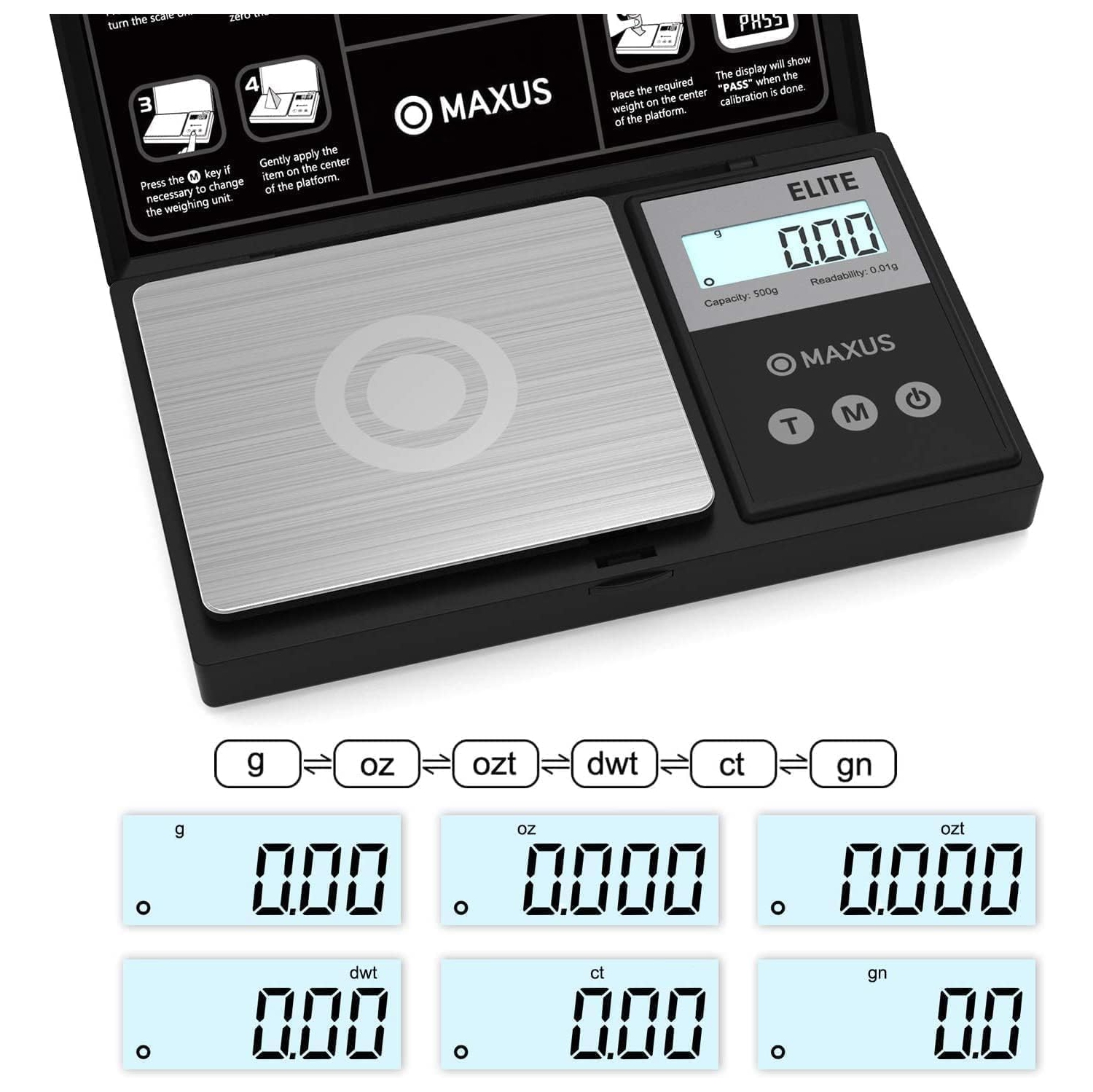 MAXUS Precision Pocket Scale - 500g x 0.01g Digital Gram Scale with Tray, Backlit LCD, Tare Function, for Jewelry, Food, and Coins