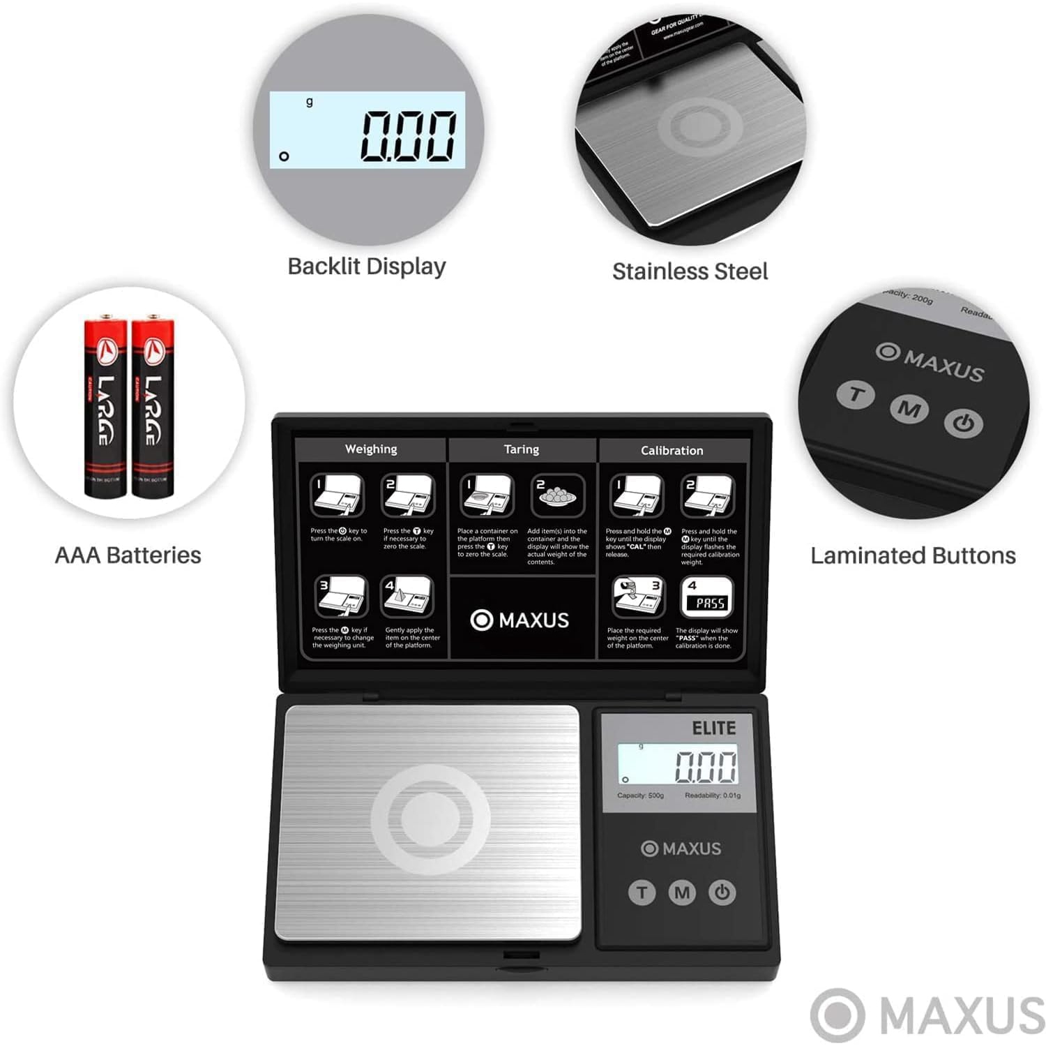 MAXUS Precision Pocket Scale - 500g x 0.01g Digital Gram Scale with Tray, Backlit LCD, Tare Function, for Jewelry, Food, and Coins