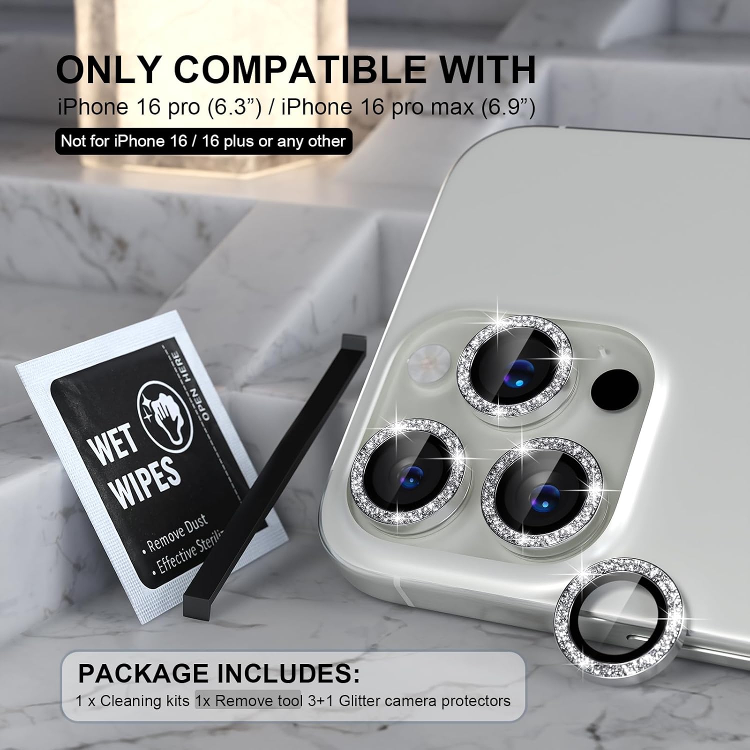 Pour iPhone 16 Pro | 16 Pro Max - Triple protecteur de lentille d'appareil photo indépendant - Hawkeye scintillant [Argent]