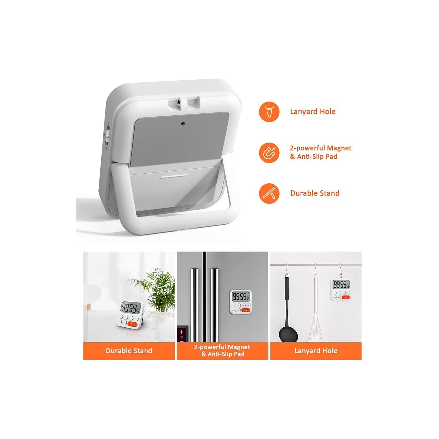 Timer baking time digital timer digital student timer with magnetic stand alarm clock student white plastic magnetic - C