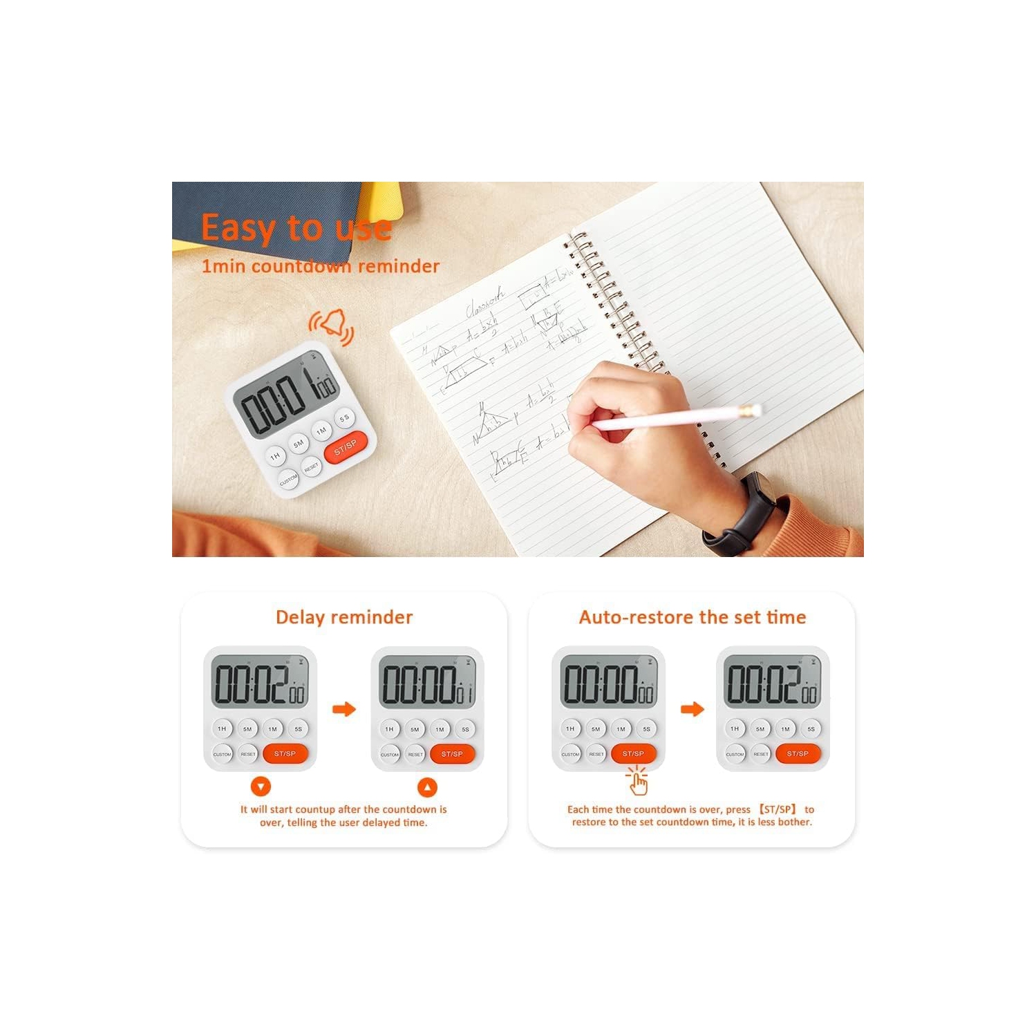 Timer baking time digital timer digital student timer with magnetic stand alarm clock student white plastic magnetic - C