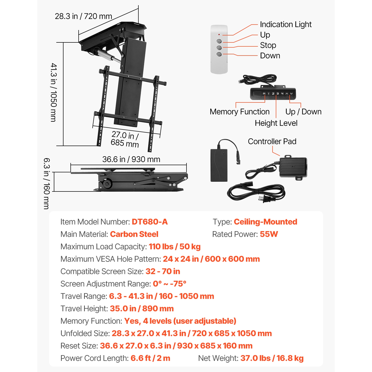 VEVOR&nbsp;Motorized&nbsp;Ceiling&nbsp;TV&nbsp;Mount,&nbsp;for&nbsp;32&nbsp;to&nbsp;70&nbsp;Inch&nbsp;TV,&nbsp;Adjustable&nbsp;Motorized&nbsp;Flip&nbs