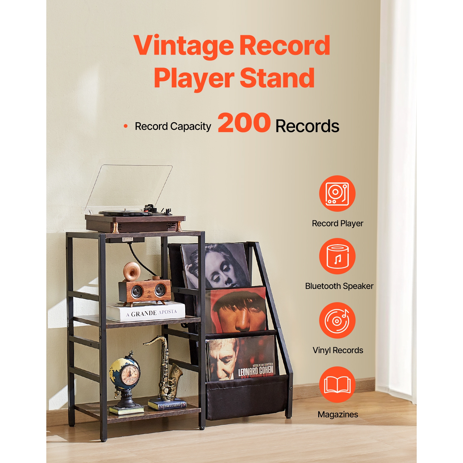VEVOR Record Player Stand with Charging Station & USB Ports, Holds up to 200 Albums, 3-Tier Turntable Stand with Vinyl Record Storage, Record Player