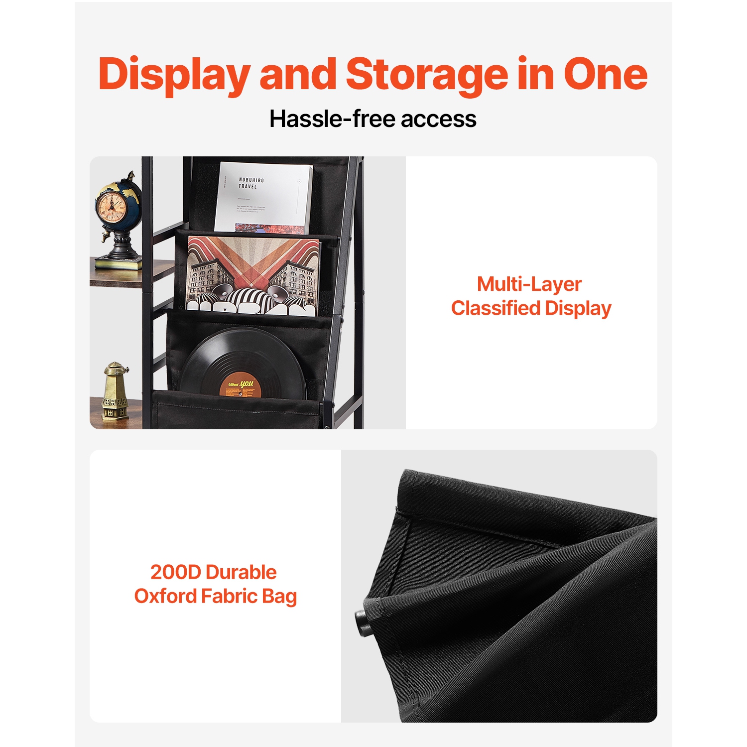 VEVOR Record Player Stand with Charging Station & USB Ports, Holds up to 200 Albums, 3-Tier Turntable Stand with Vinyl Record Storage, Record Player